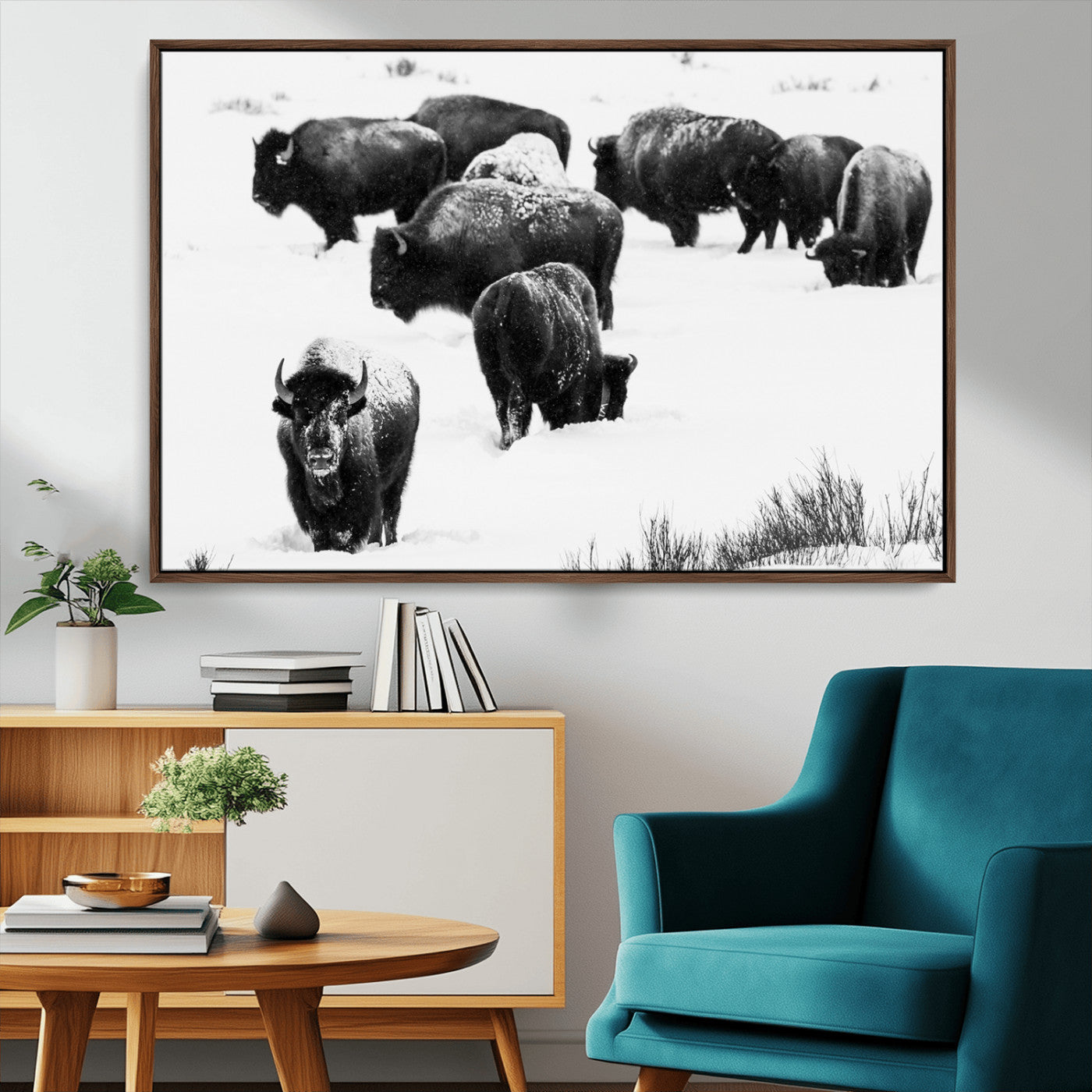18914414-MGV-CV-36X24-Buffalo Herd Wall Art Canvas Print, Framed Black and White Art Picture Print, Snowy Landscape Perfect Rustic Lodge Decor Decor