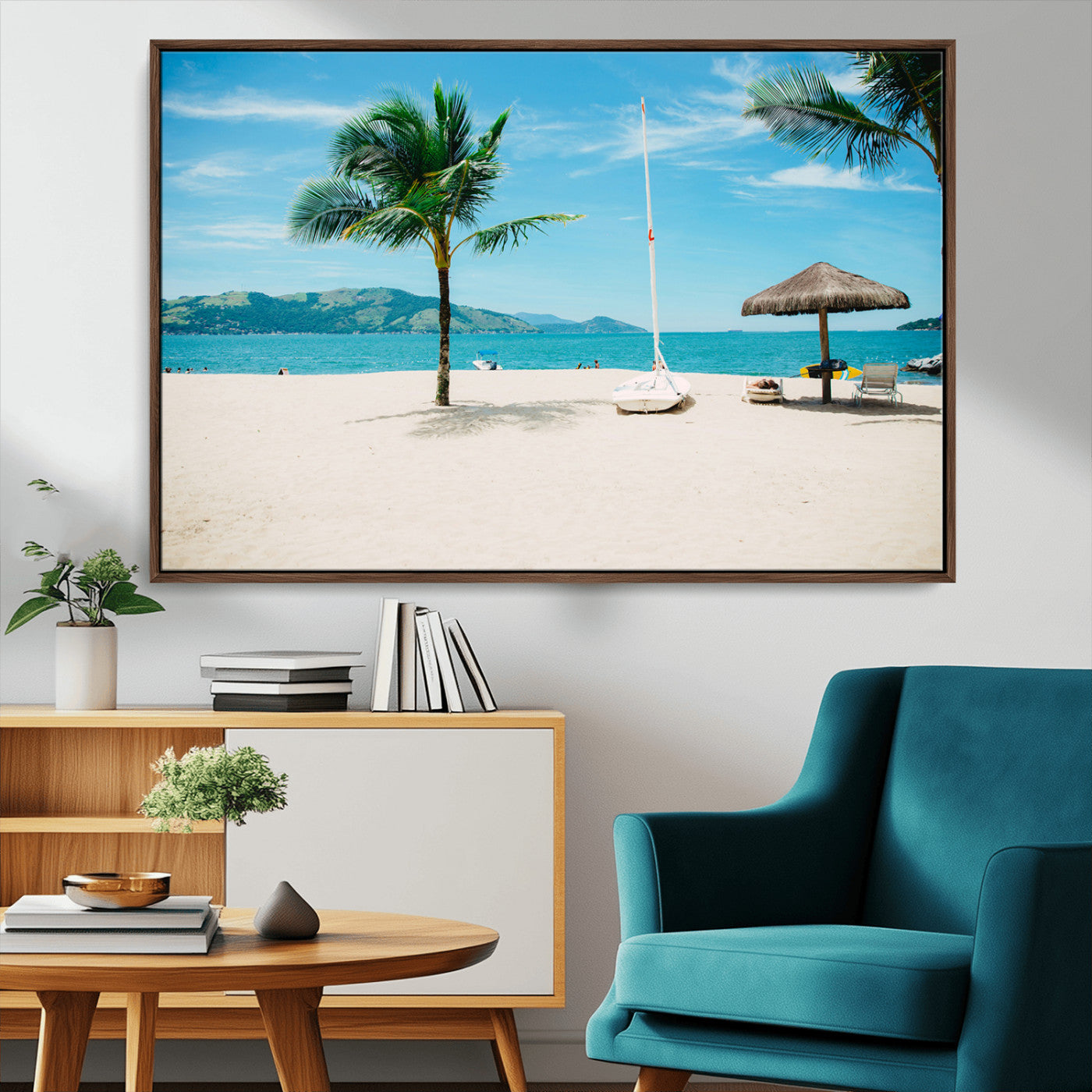 42623350-MGV-CV-36X24-Tropical Beach Wall Art Canvas Print, Framed Palm Tree Art Picture Print, Ocean View Perfect Tropical Coastal Decor Artwork