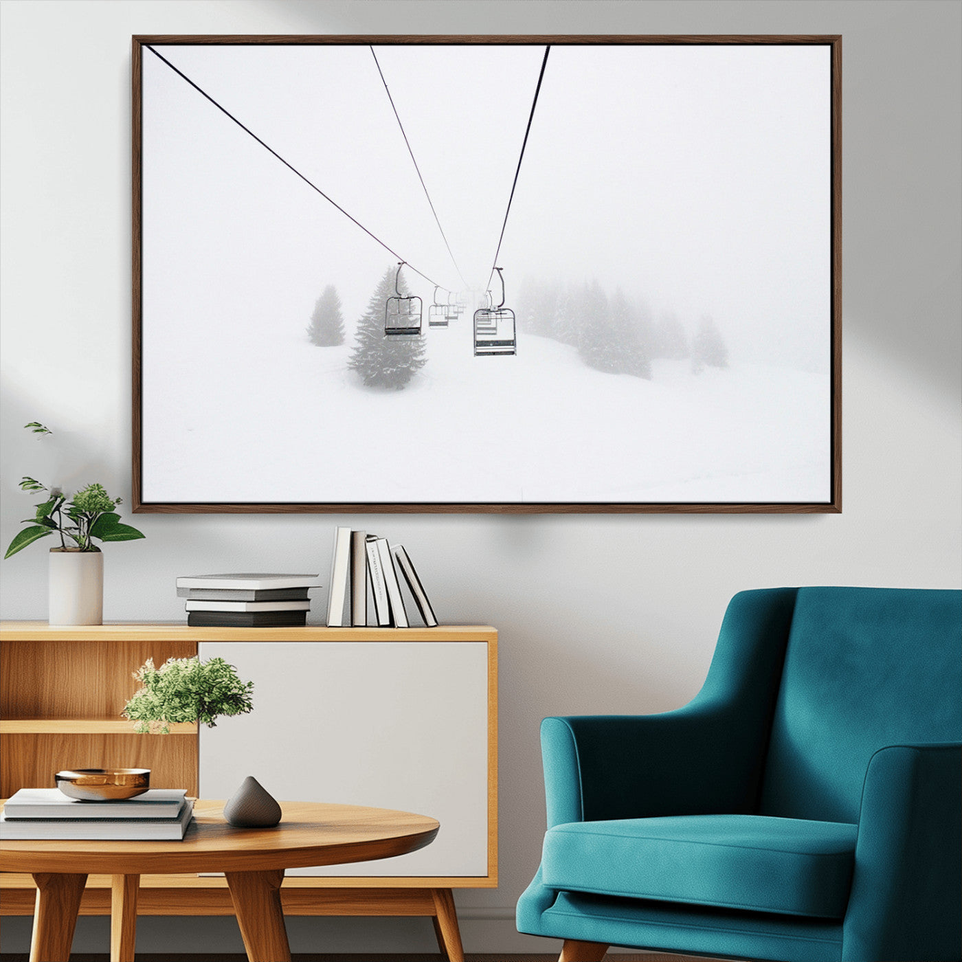 20216390-MGV-CV-36X24-Ski Lift Wall Art Canvas Print, Framed Snowy Landscape Art Picture Print, Alpine Adventure Perfect Nordic Minimalist Decor Artwork