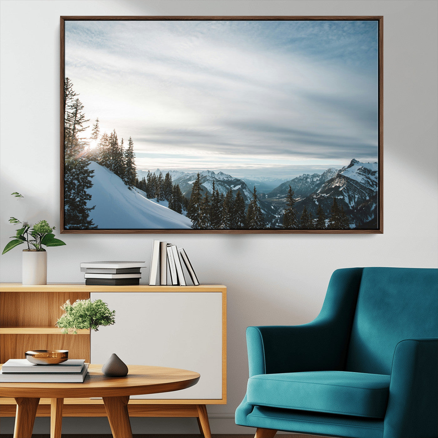 55564749-MGV-CV-36X24-Snowy Mountains Wall Art Canvas Print, Framed Alpine Landscape Art Picture Print, Frosty Peaks Perfect Nordic Minimalist Decor