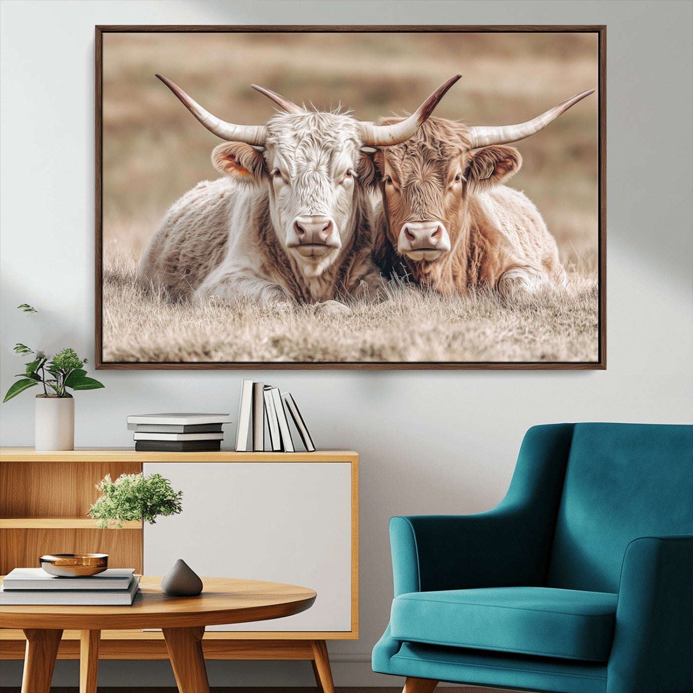 38651722-MGV-CV-36X24-Cow Wall Art – Rustic Longhorn Pair Canvas Print, Western Farmhouse Animal Painting, Country Ranch Decor for Living Room, Bedroom,
