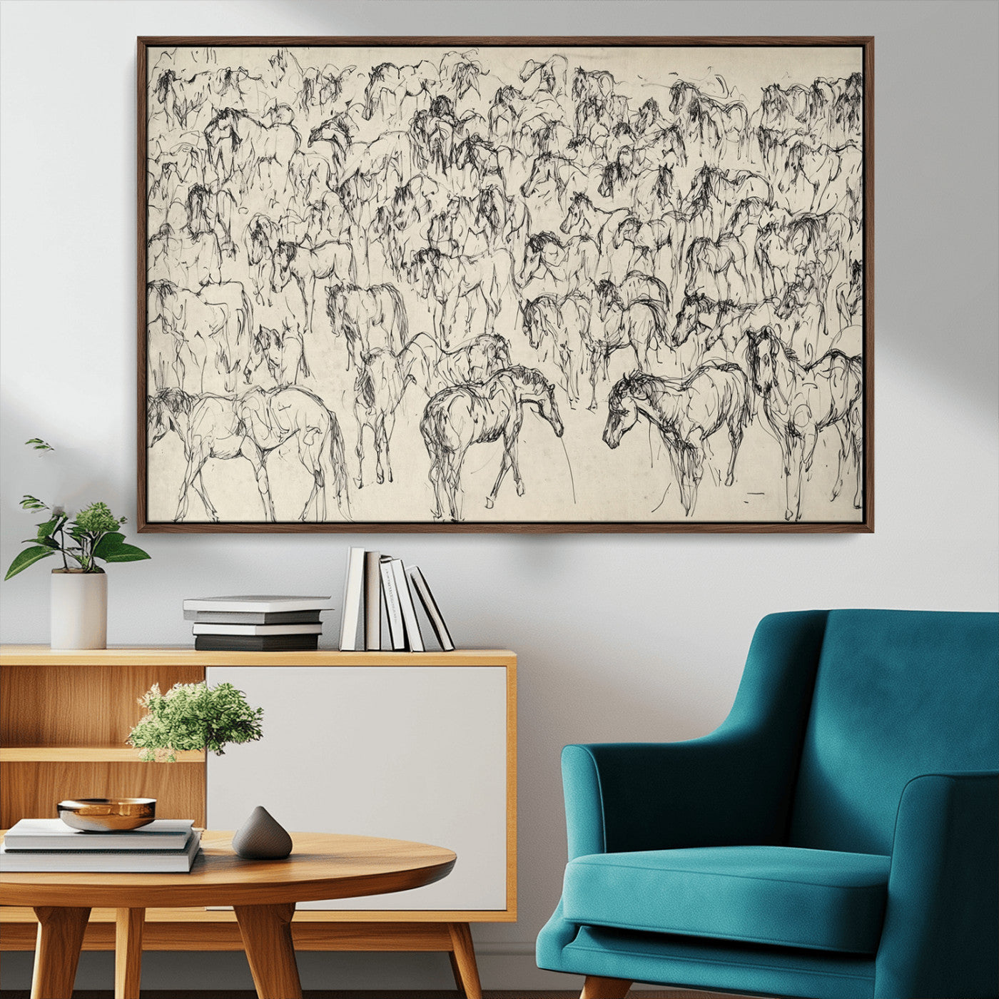 86653927-MGV-CV-36X24-Sketch Horse Herd Wall Art – Minimalist Wild Horses Line Drawing Canvas Print, Rustic Western Farmhouse Decor for Living Room,