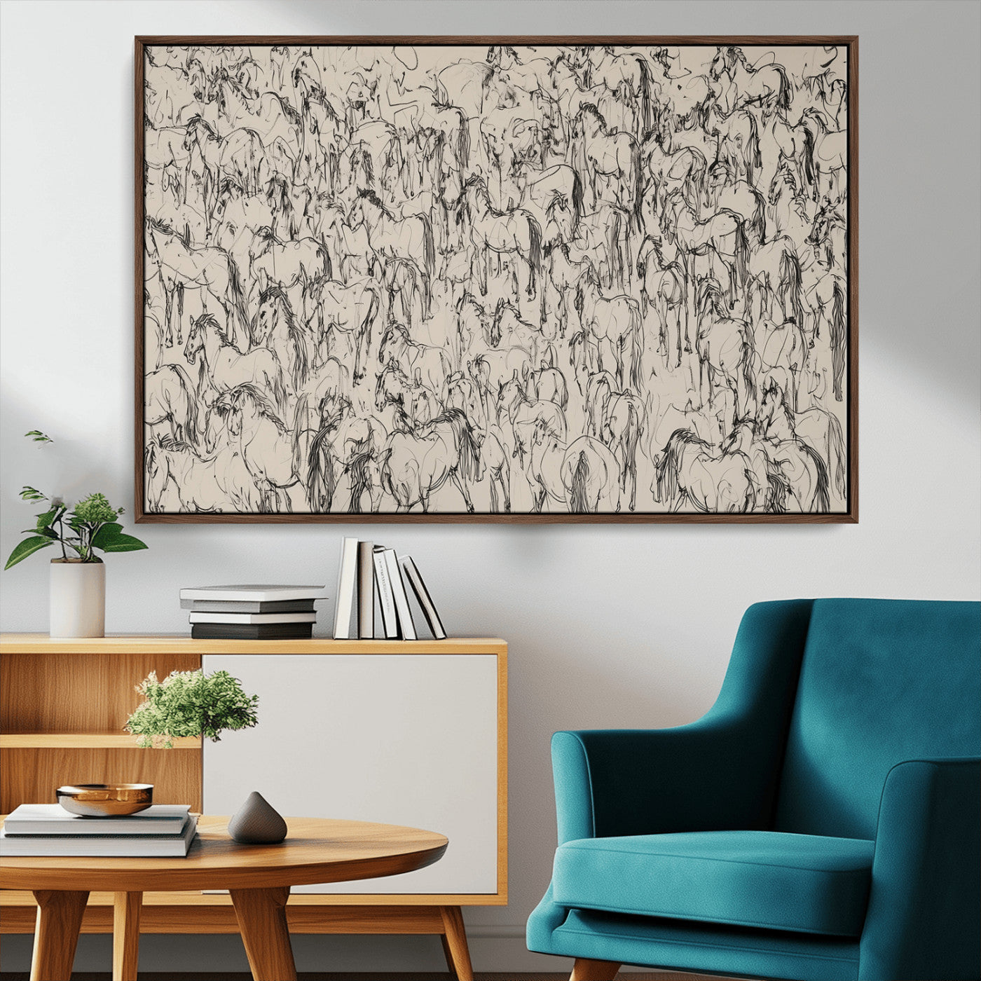 12358908-MGV-CV-36X24-Horse Herd Sketch Wall Art – Abstract Wild Horses Line Drawing Canvas Print, Rustic Western Style Equestrian Decor for Living