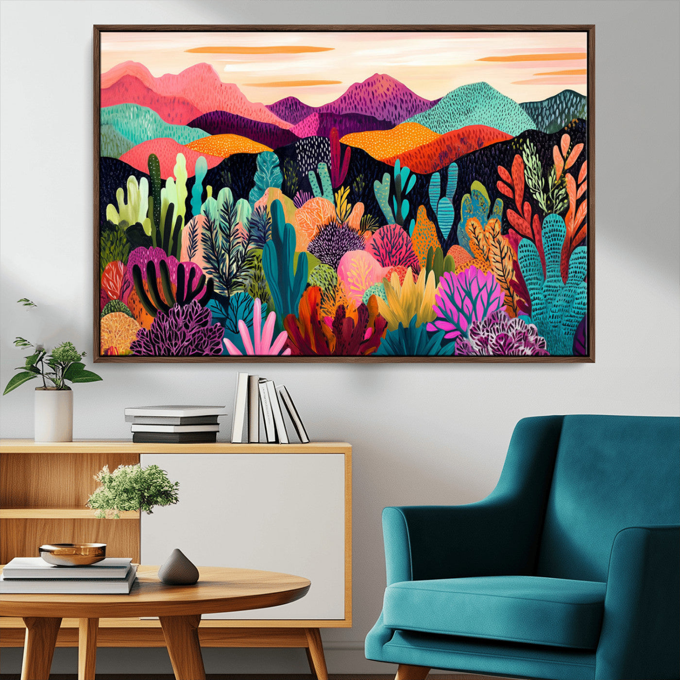 16756910-MGV-CV-36X24-Colorful Desert Landscape Wall Art – Vibrant Mountain Canvas Print, Bold Botanical Artwork for Living Room, Bedroom, Office,