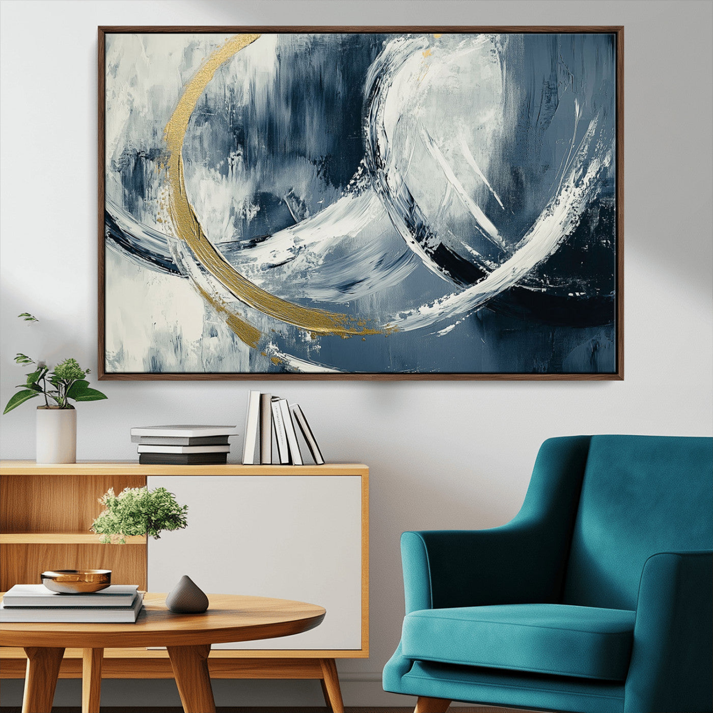 97295757-MGV-CV-36X24-Abstract Blue and Gold Wall Art – Modern Luxury Canvas Print, Navy White Brushstroke Painting, Contemporary Living Room Office