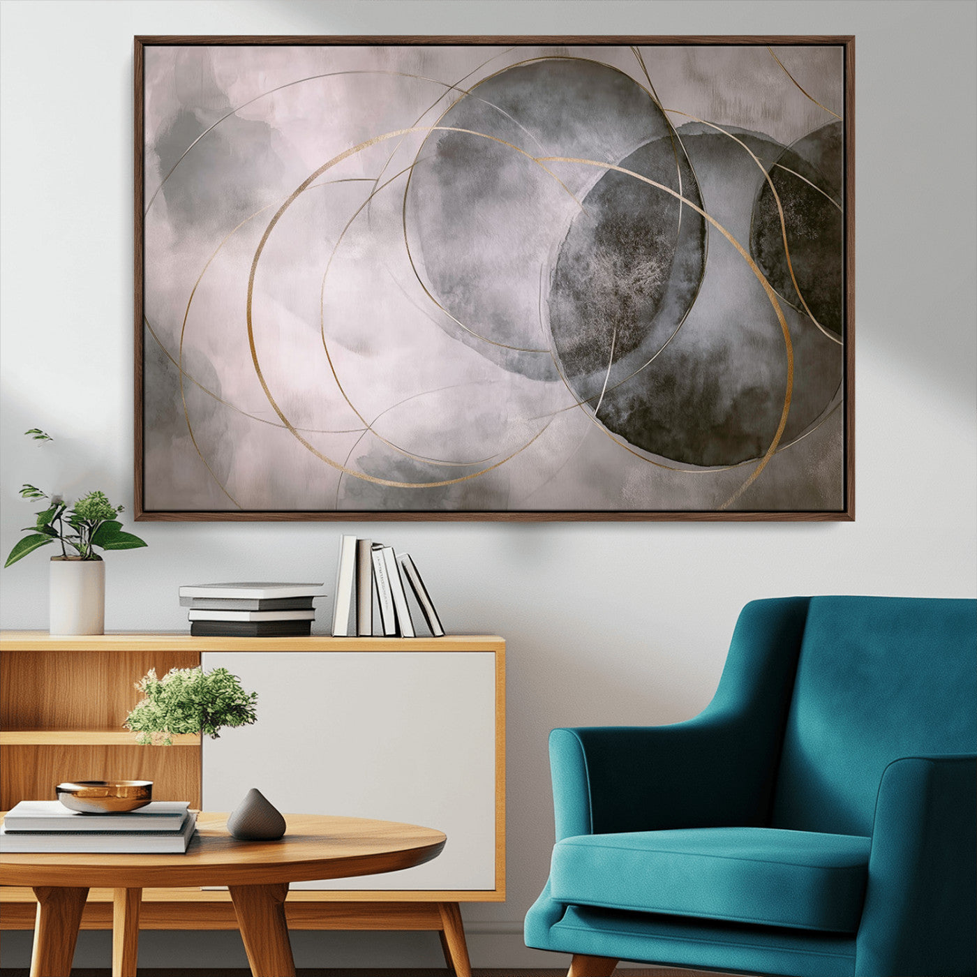 20066876-MGV-CV-36X24-Neutral Abstract Circle Wall Art – Modern Gray Beige Gold Canvas Print, Minimalist Geometric Painting for Bedroom, Living Room,