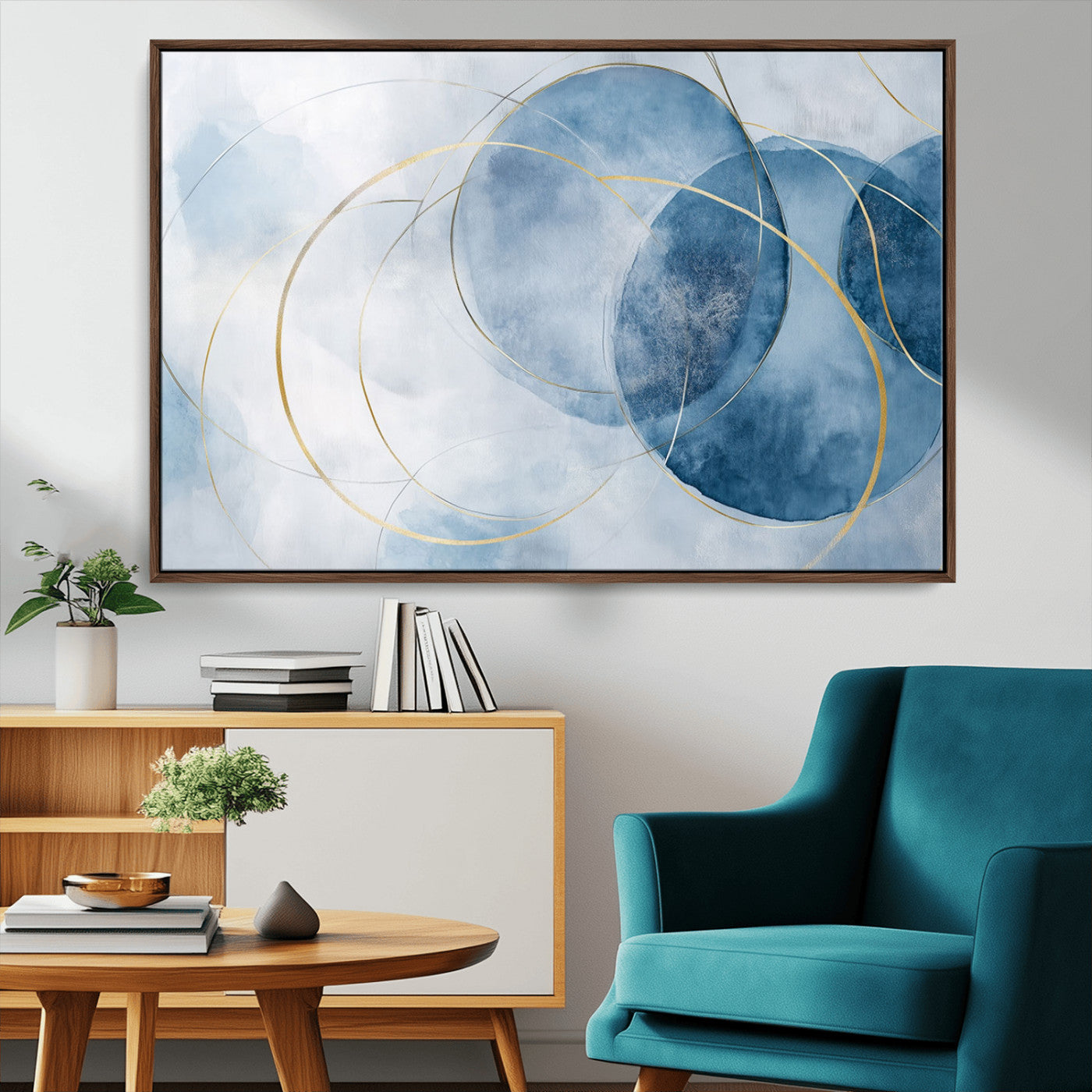 47060443-MGV-CV-36X24-Blue Abstract Circle Wall Art – Modern Gold and Navy Canvas Print, Minimalist Geometric Painting for Living Room, Bedroom, Office