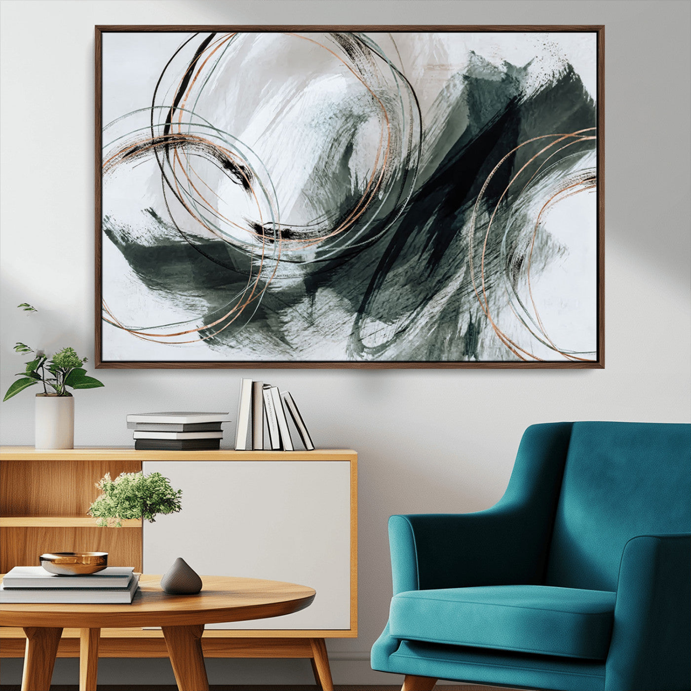 86583265-SEG-FC-90X60_Oversize_Oversize-Black and Gray Abstract Wall Art – Modern Copper Circle Canvas Print, Contemporary Minimalist Painting for Living Room, Bedroom,