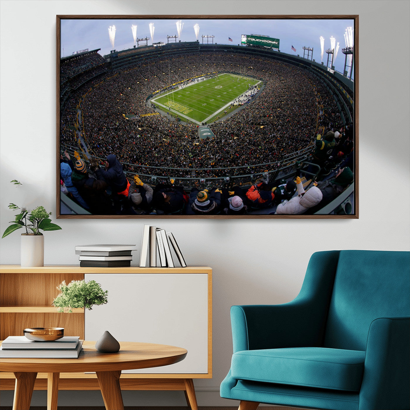 14387817-MGV-CV-36X24-Lambeau Field Stadium Wall Art – Green Bay Packers Game Day Canvas Print with Fireworks and Crowd – NFL Football Fan Man Cave