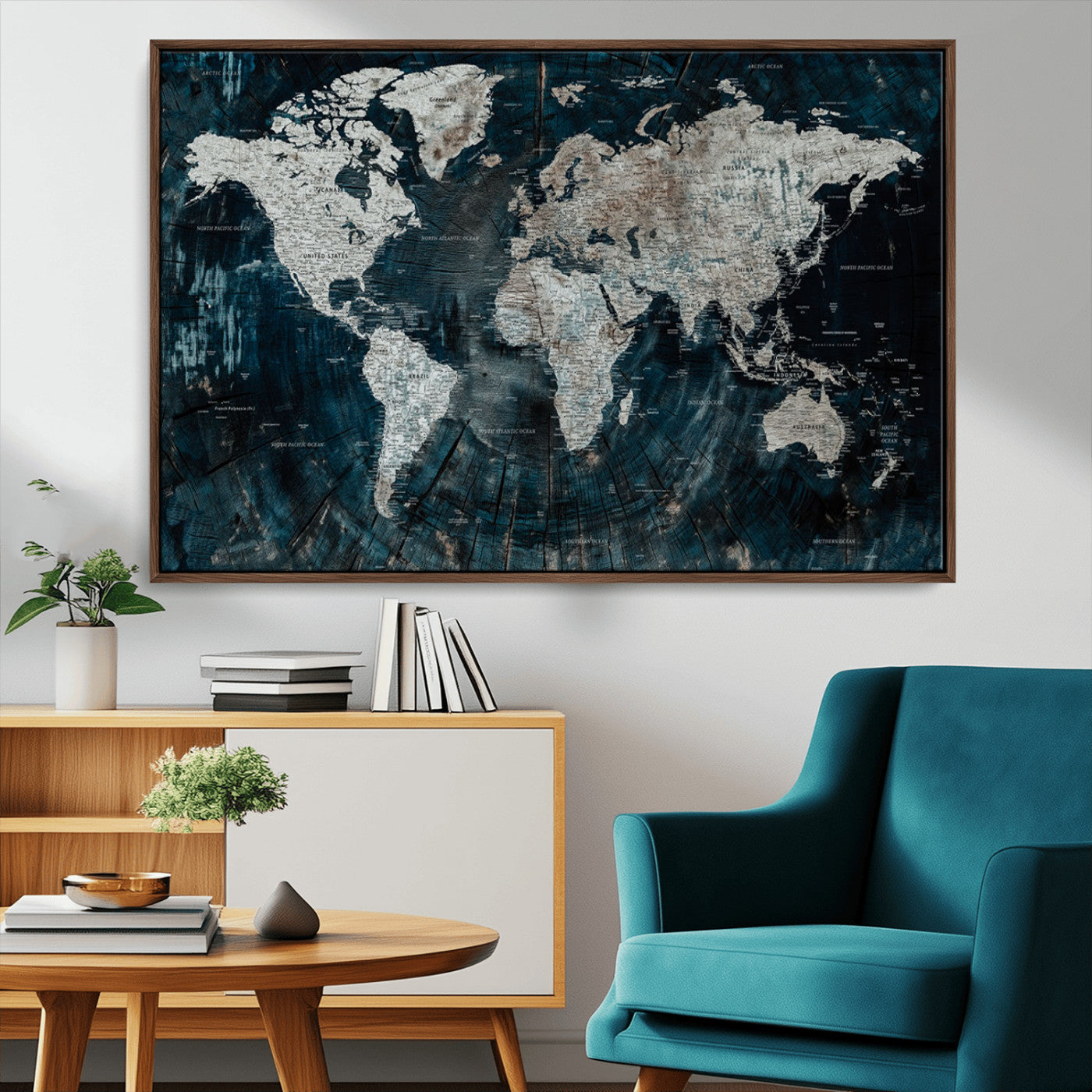 34425609-MGV-CV-36X24-World Map Wall Art – Rustic Navy and Grey Atlas Canvas Print, Distressed Explorer Map Artwork, Industrial Style Decor for Office,