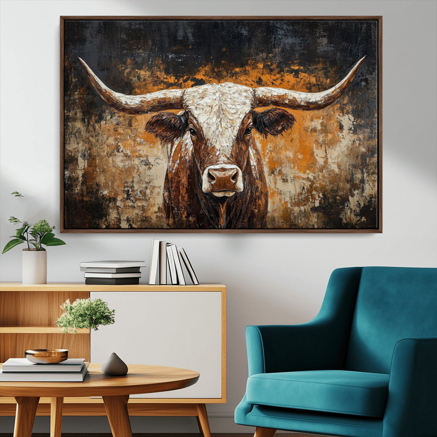 25265572-MGV-CV-36X24-Longhorn Bull Wall Art – Rustic Western Texas Steer Canvas Print, Textured Animal Painting for Home, Office, Man Cave or Farmhouse