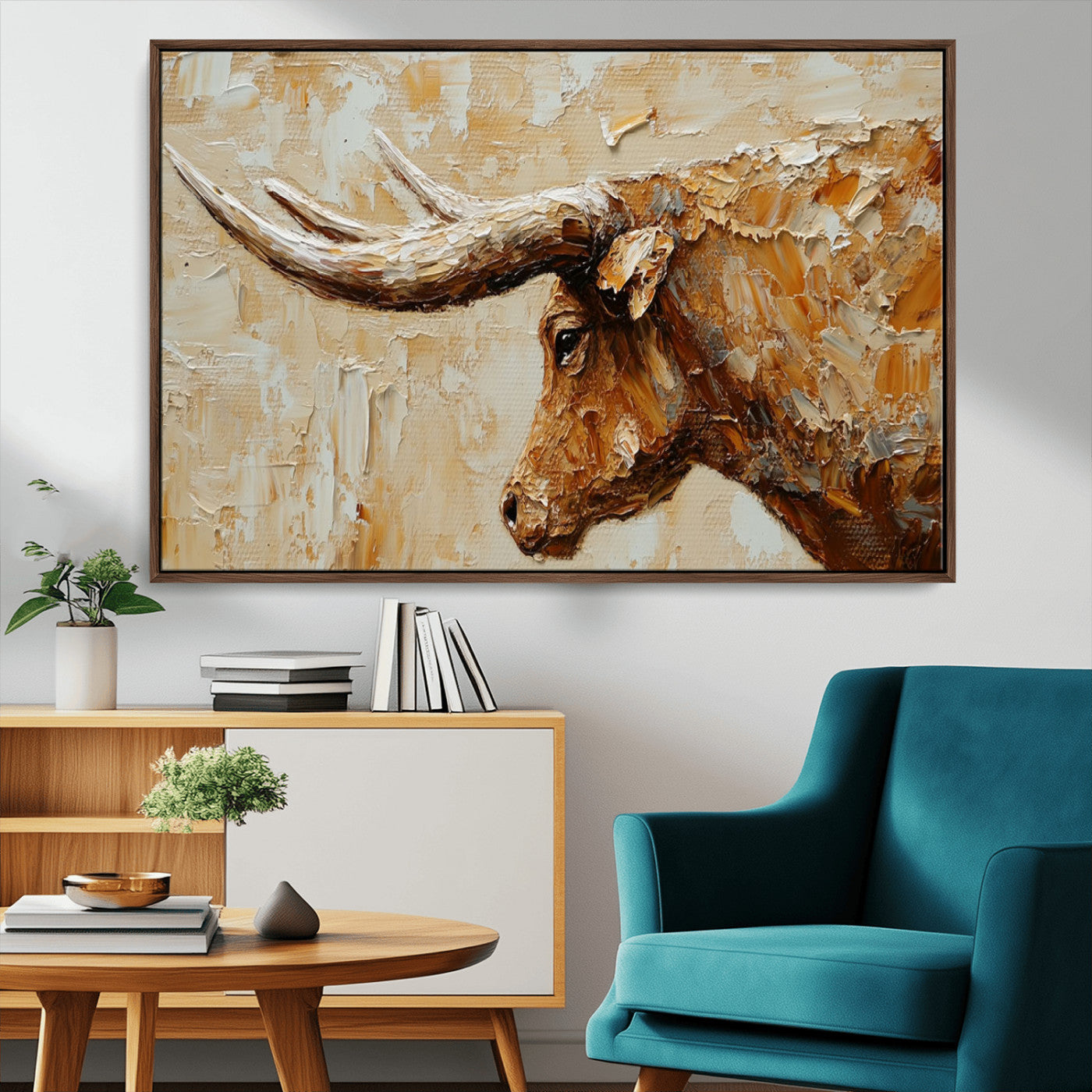69611428-MGV-CV-36X24-Longhorn Bull Wall Art – Rustic Western Canvas Print, Textured Farmhouse Cattle Painting for Living Room, Office, or Ranch House