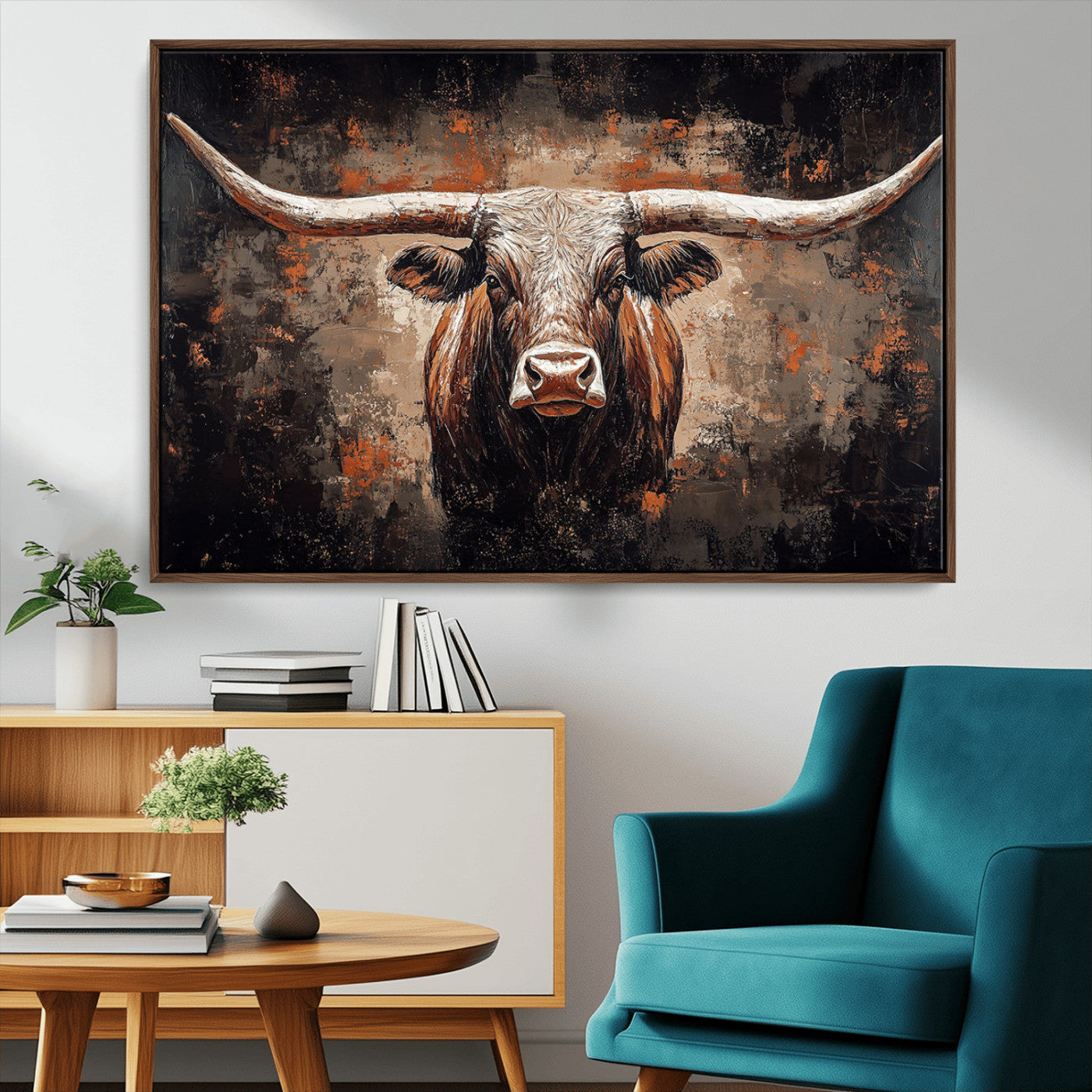 24779067-MGV-CV-36X24-Longhorn Bull Wall Art – Western Rustic Canvas Print, Bold Cowboy Cattle Painting for Ranch House, Farmhouse, Office, or Living