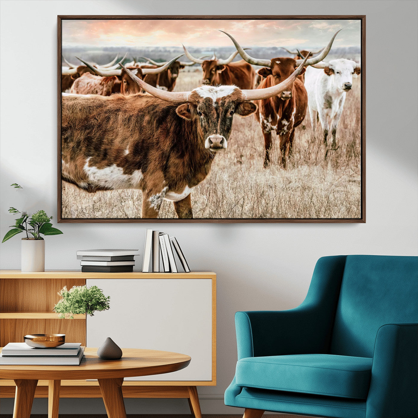 47758300-MGV-CV-36X24-Texas Longhorn Cattle Wall Art – Rustic Western Herd Canvas Print, Cowboy Ranch Farmhouse Decor for Living Room, Office, or