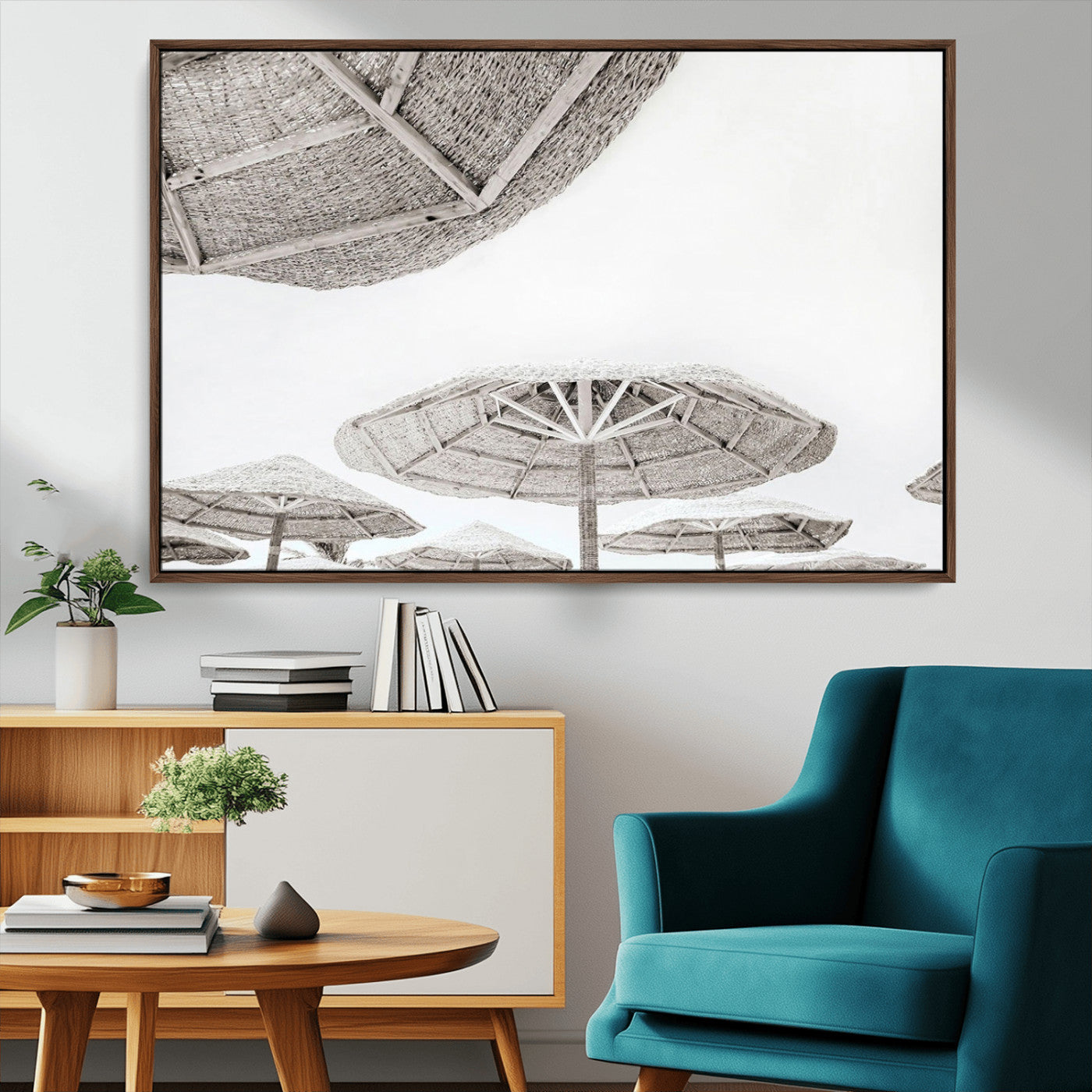 97043123-MGV-CV-36X24-Beach Umbrella Wall Art – Minimalist Coastal Canvas Print, Woven Parasol Summer Decor for Bedroom, Living Room, or Modern Beach