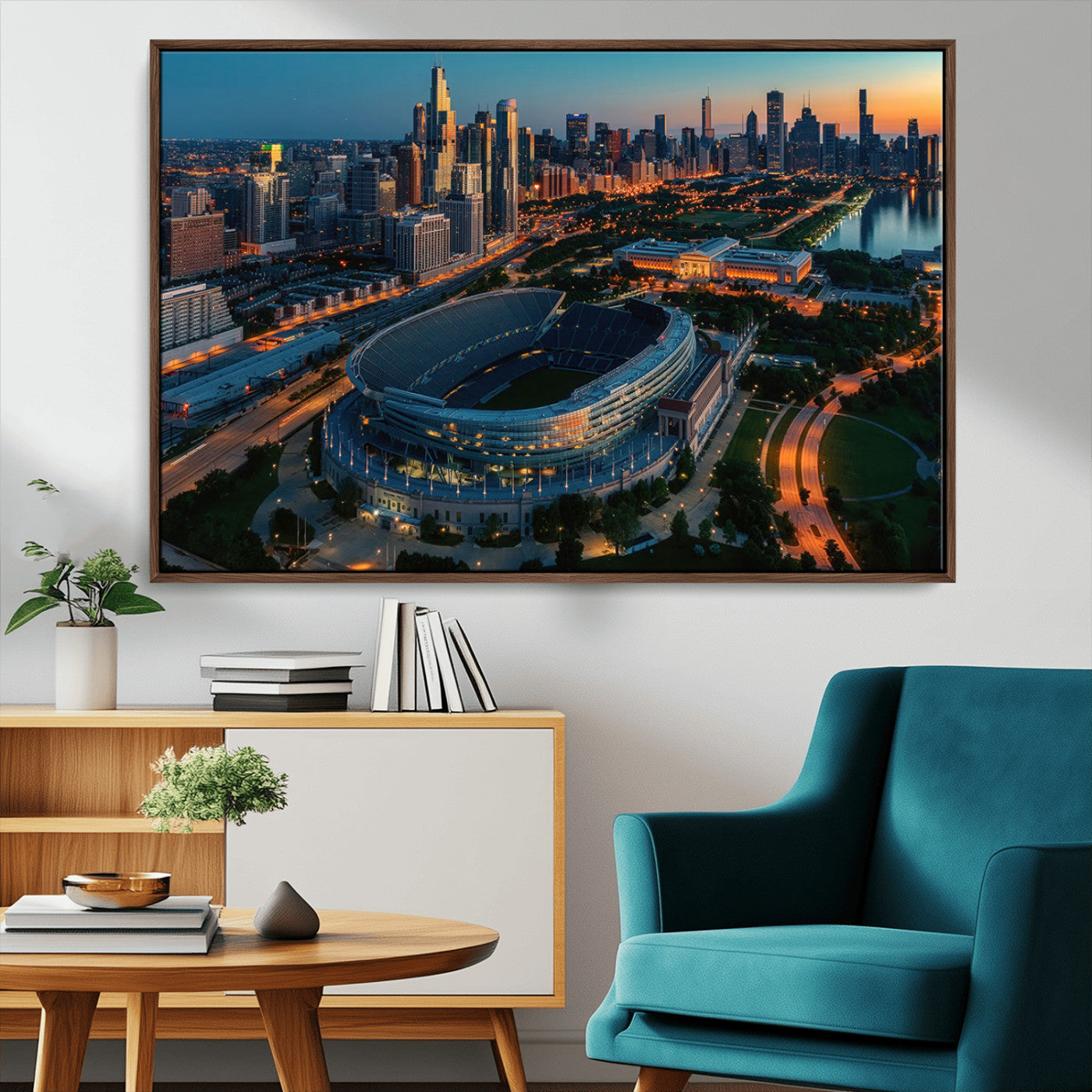 36690345-MGV-CV-36X24-Soldier Field Wall Art – Chicago Bears Stadium Aerial Night Canvas Print, City Skyline Football Decor for Living Room, Office, or