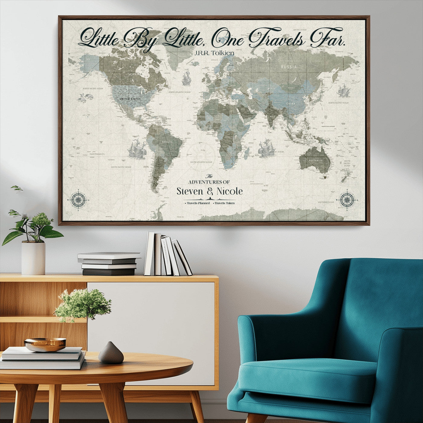10693204-MGV-CV-36X24-Little By Little One Travels Far Tolkien Quote Blue Green World Map Adventure Wall Art Canvas Print Rustic Wanderlust Travel Decor