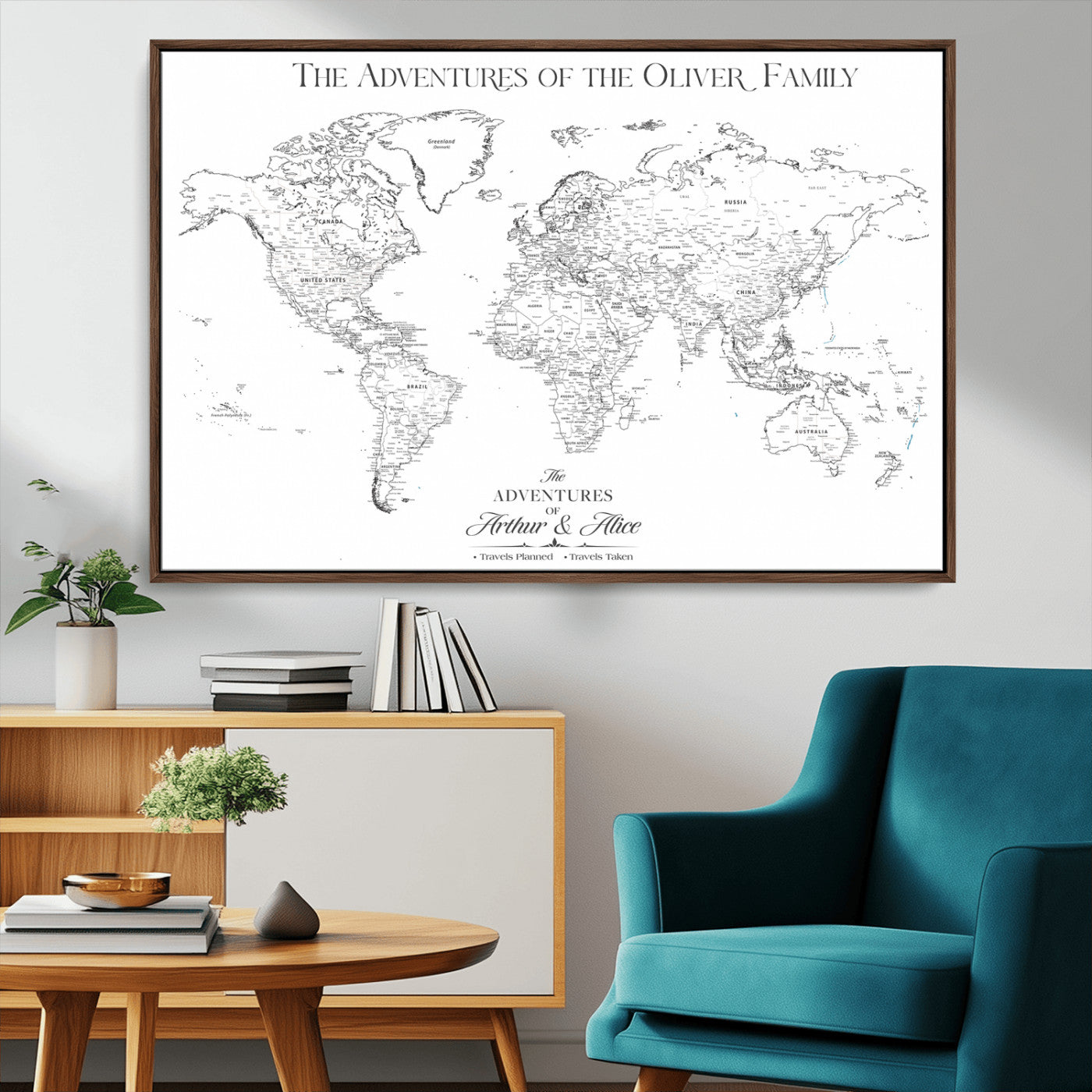 21029247-MGV-CV-36X24-Minimalist World Map Wall Art – Black and White Travel Adventure Print, Modern Family Travel Map Decor for Living Room, Bedroom,