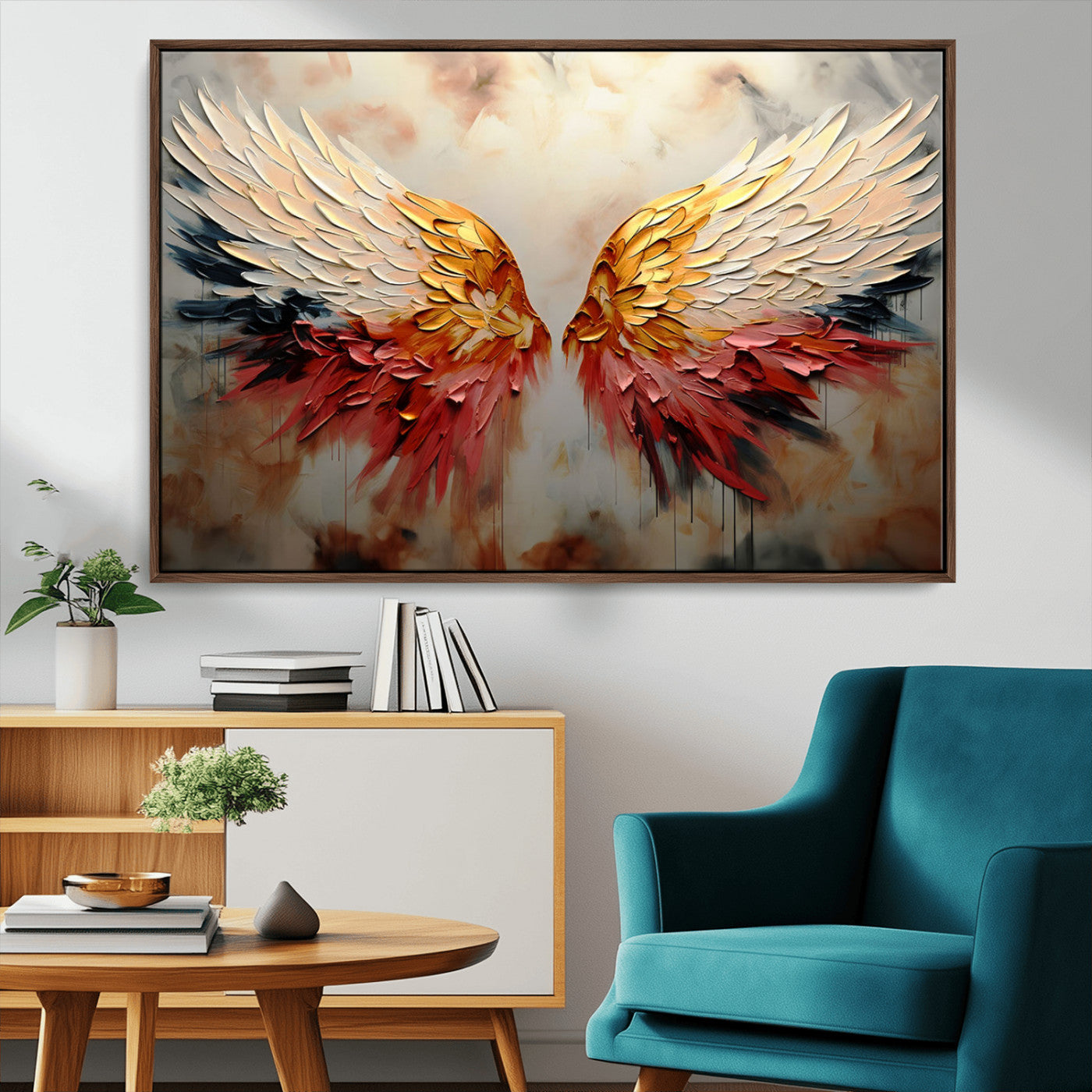 91020932-MGV-CV-36X24-Angel Wings Wall Art – Abstract Colorful Canvas Print with Gold and Red Feathers, Modern Spiritual Decor for Living Room, Bedroom,