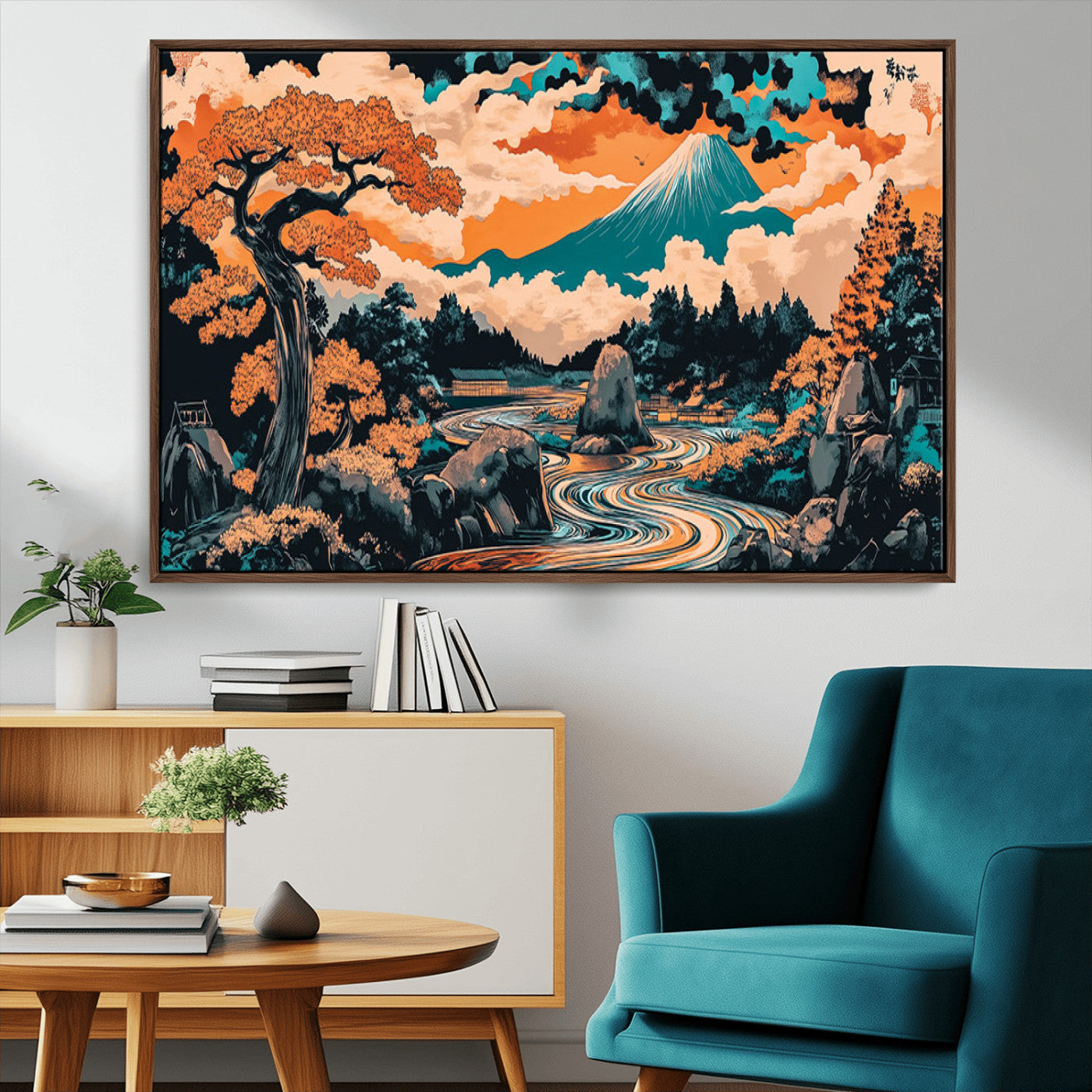 21638941-MGV-CV-36X24-Japanese Landscape Wall Art – Mount Fuji and Flowing River Ukiyo-e Style Canvas Print, Traditional Japan Inspired Artwork for