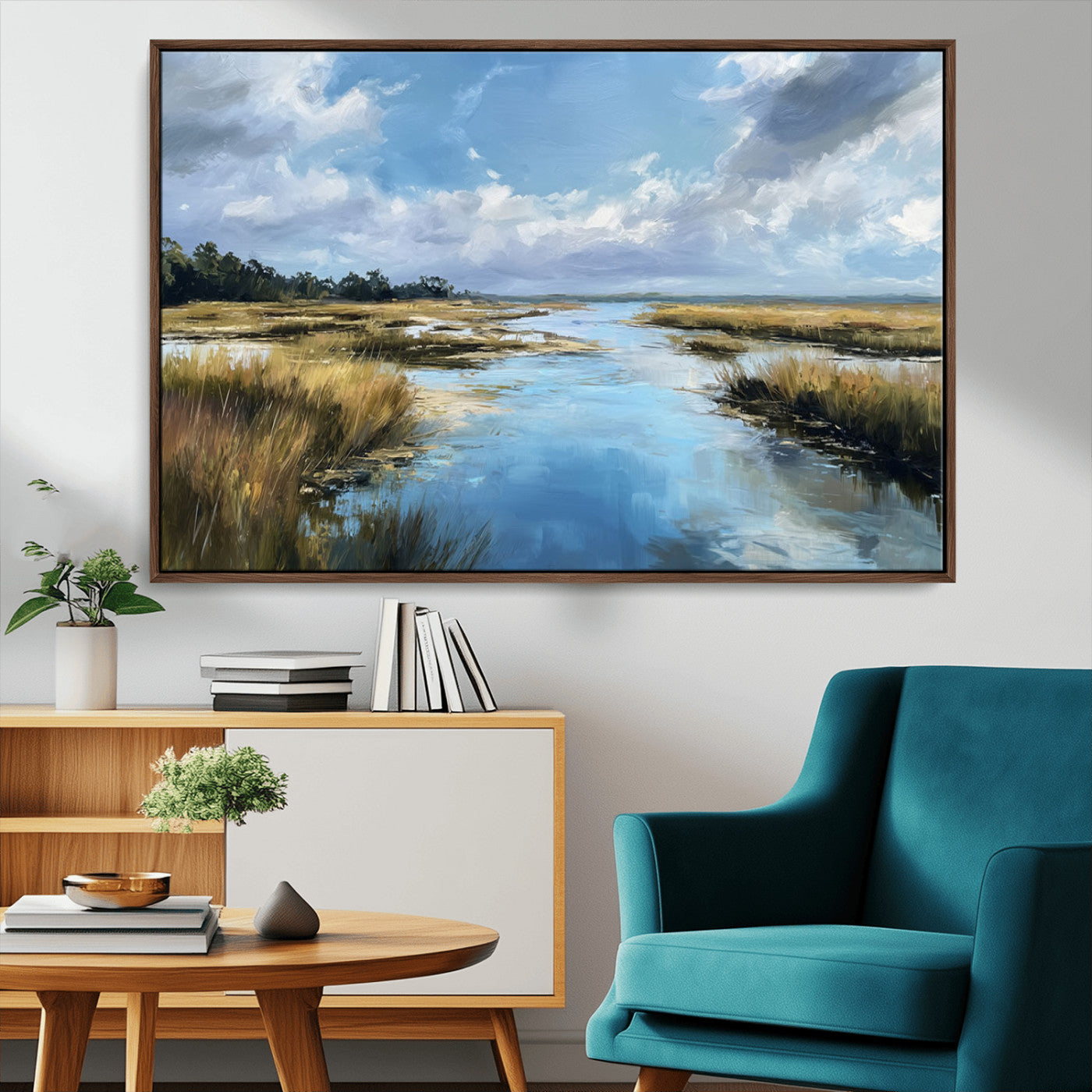 87082041-MGV-FC-36X24_Walnut-Painted Marshland Canvas Wall Art – Serene Water Reflection, Blue Sky, Golden Grass Landscape, Calm Nature Decor for Home, Office,