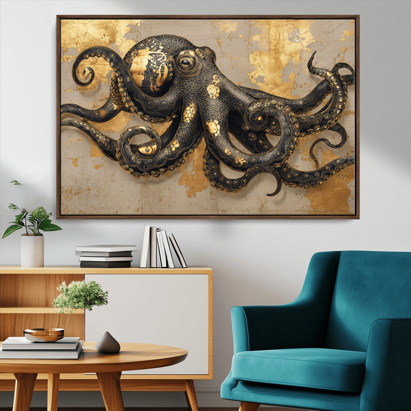 57944271-MGV-CV-36X24-Octopus Wall Art – Black and Gold Nautical Canvas Print, Modern Ocean Inspired Artwork with Elegant Detailing, Coastal Marine