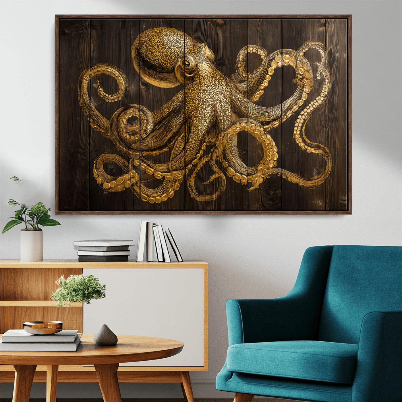 56769669-MGV-CV-36X24-Octopus Wall Art – Gold Nautical Canvas Print with Rustic Wood Panel Design, Detailed Marine Artwork for Coastal Ocean Decoration