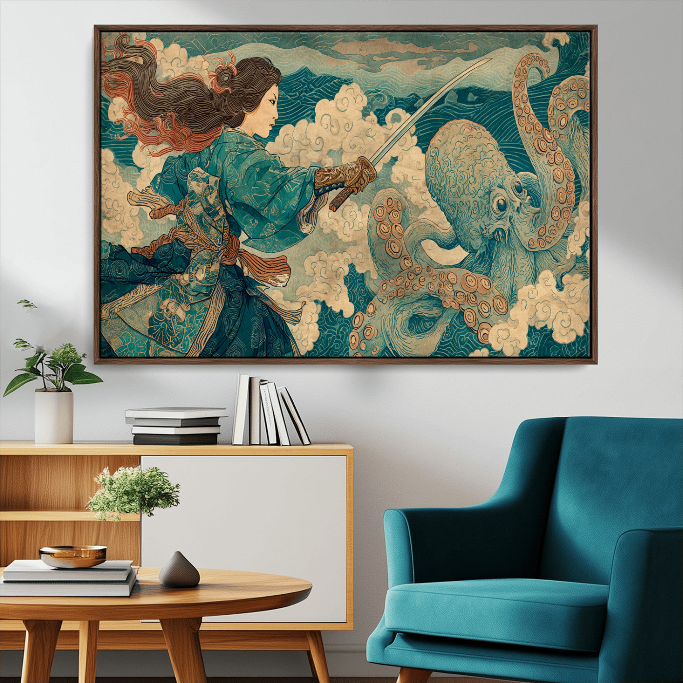 37943964-MGV-CV-36X24-Samurai Warrior vs Octopus Wall Art – Japanese Ukiyo-e Style Canvas Print, Ocean Battle Scene Artwork for Living Room, Office, Man