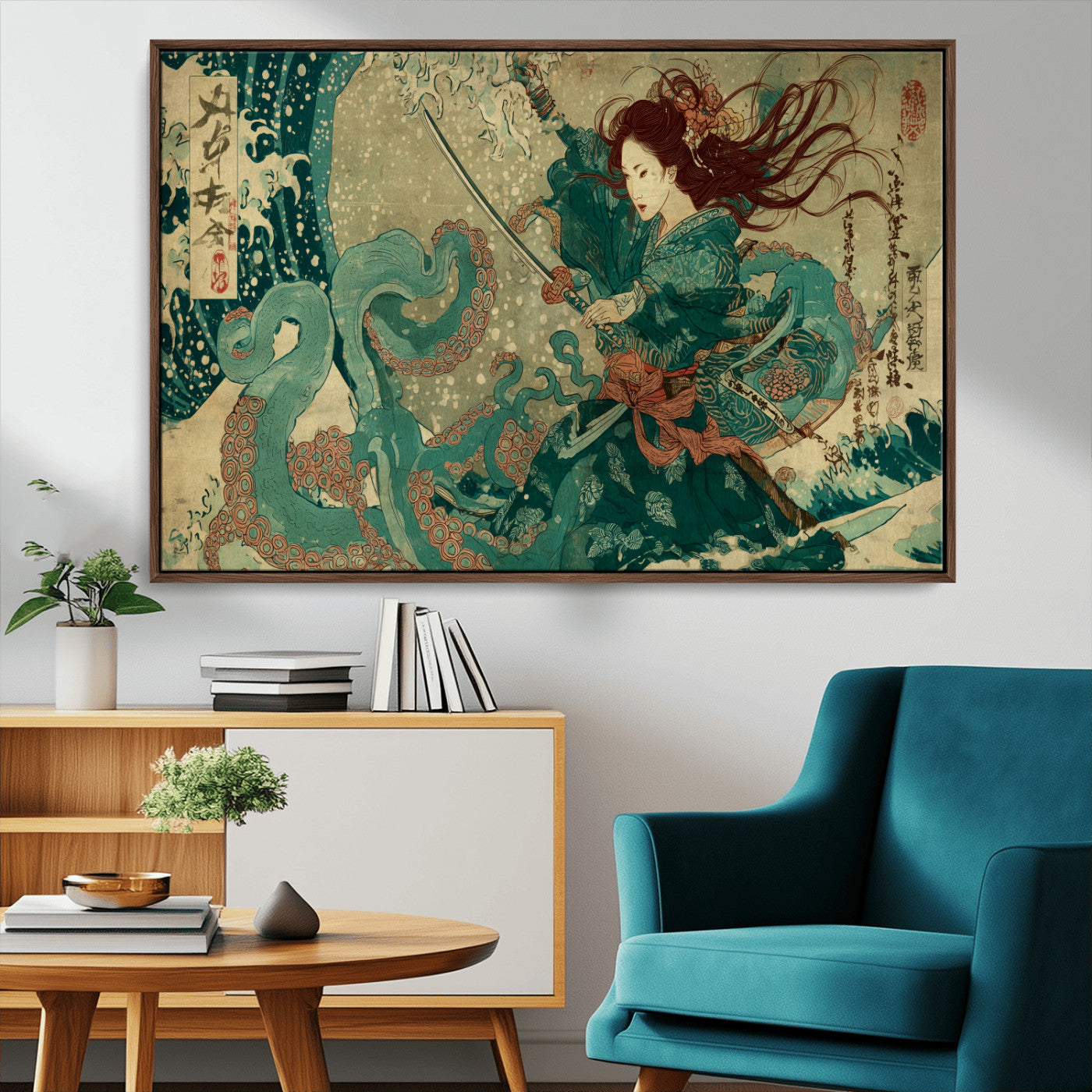 86918027-MGV-CV-36X24-Samurai Warrior vs Octopus Wall Art – Japanese Ukiyo-e Ocean Battle Canvas Print, Traditional Samurai Artwork for Living Room,