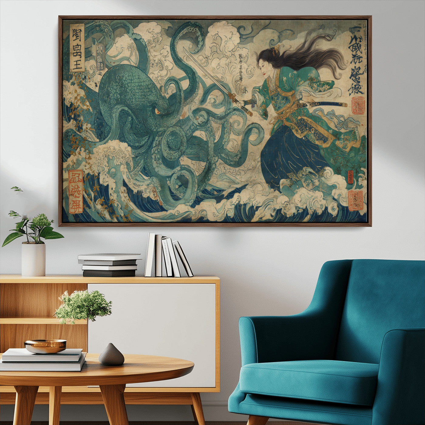 60346622-MGV-CV-36X24-Samurai Warrior vs Octopus Wall Art – Japanese Ukiyo-e Style Ocean Battle Canvas Print, Traditional Samurai Artwork for Living