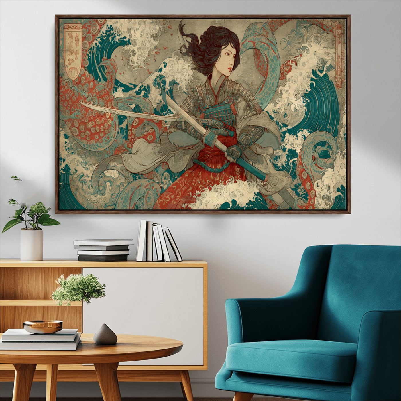 37797255-MGV-CV-36X24-Samurai Woman vs Octopus Wall Art – Japanese Ukiyo-e Red Armor Ocean Battle Canvas Print, Warrior Artwork for Living Room, Office,