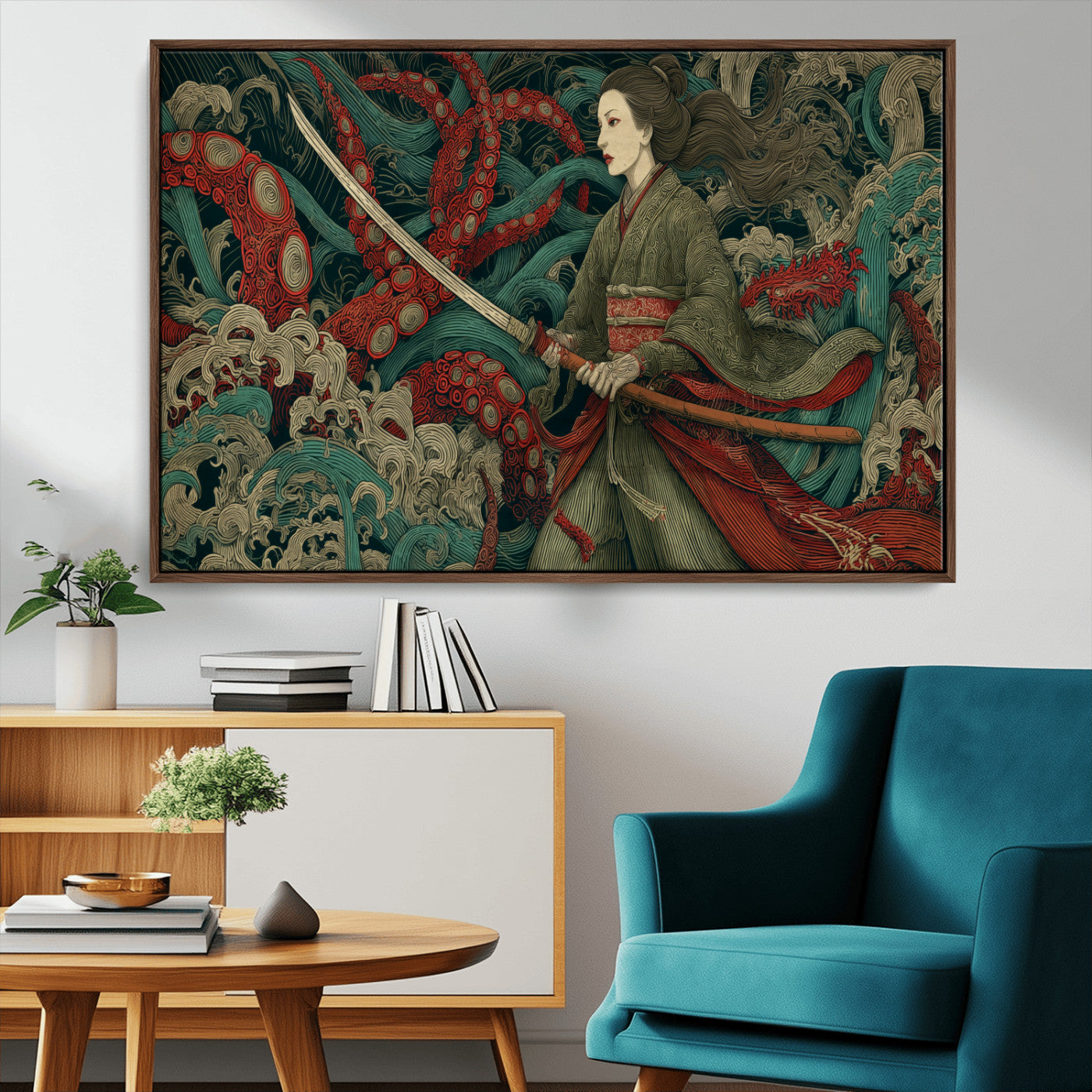 18902796-MGV-CV-36X24-Samurai Woman vs Octopus Wall Art – Japanese Ukiyo-e Green Kimono Canvas Print, Ocean Battle Scene Artwork for Living Room,