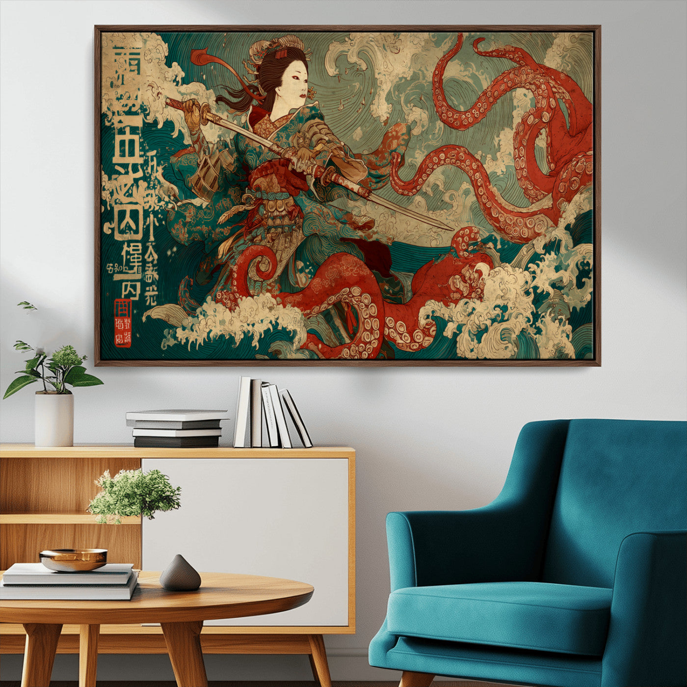 60201267-MGV-CV-36X24-Samurai Woman vs Octopus Wall Art – Japanese Ukiyo-e Armor Canvas Print, Red Tentacle Ocean Battle Artwork for Living Room,