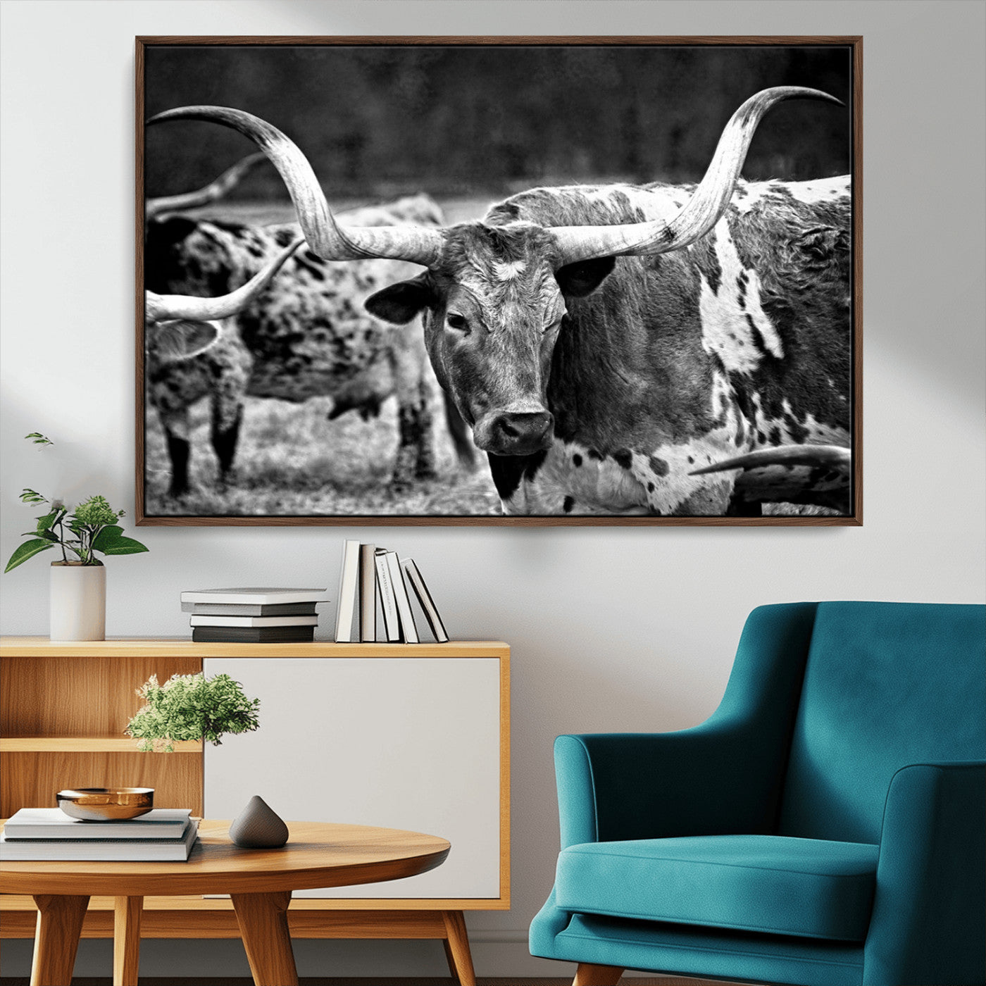 15425553-MGV-CV-36X24-Western Wall Art – Longhorn Cattle Black and White Canvas Print, Rustic Ranch Photography Decor for Bedroom, Living Room, Office,