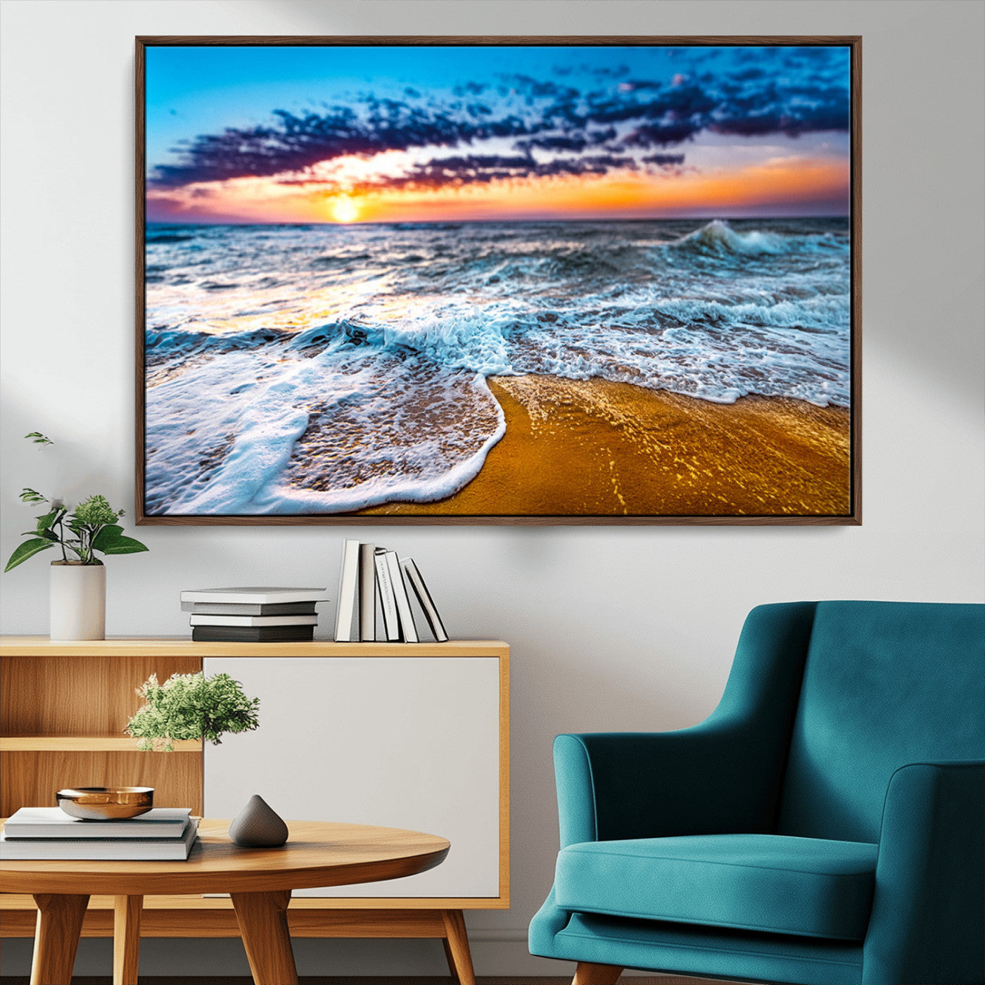 24077769-MGV-CV-36X24-Sunset Beach Wall Art – Ocean Waves Canvas Print, Golden Shoreline Photography Coastal Decor for Living Room, Bedroom, Office,