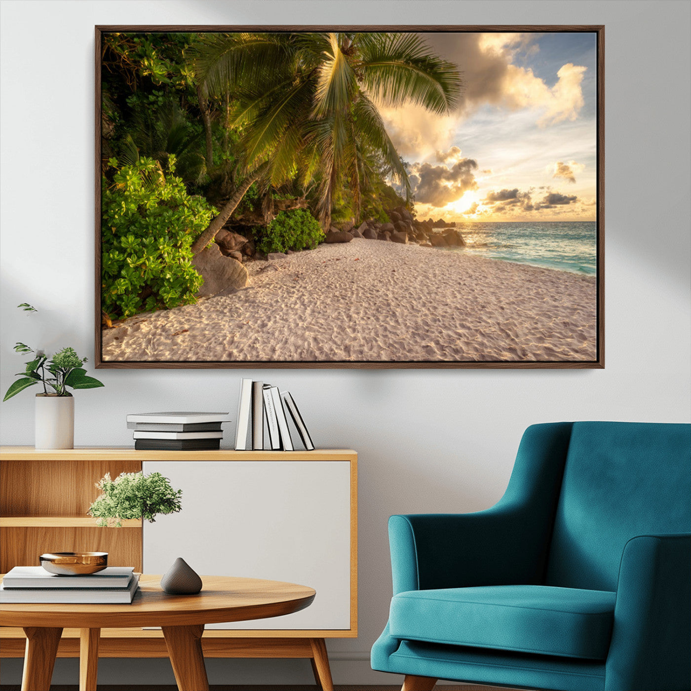 89531159-MGV-CV-36X24-Tropical Beach Sunset Canvas Wall Art – Palm Trees Golden Sand Ocean Waves Coastal Paradise Print for Beach House Bedroom Bathroom