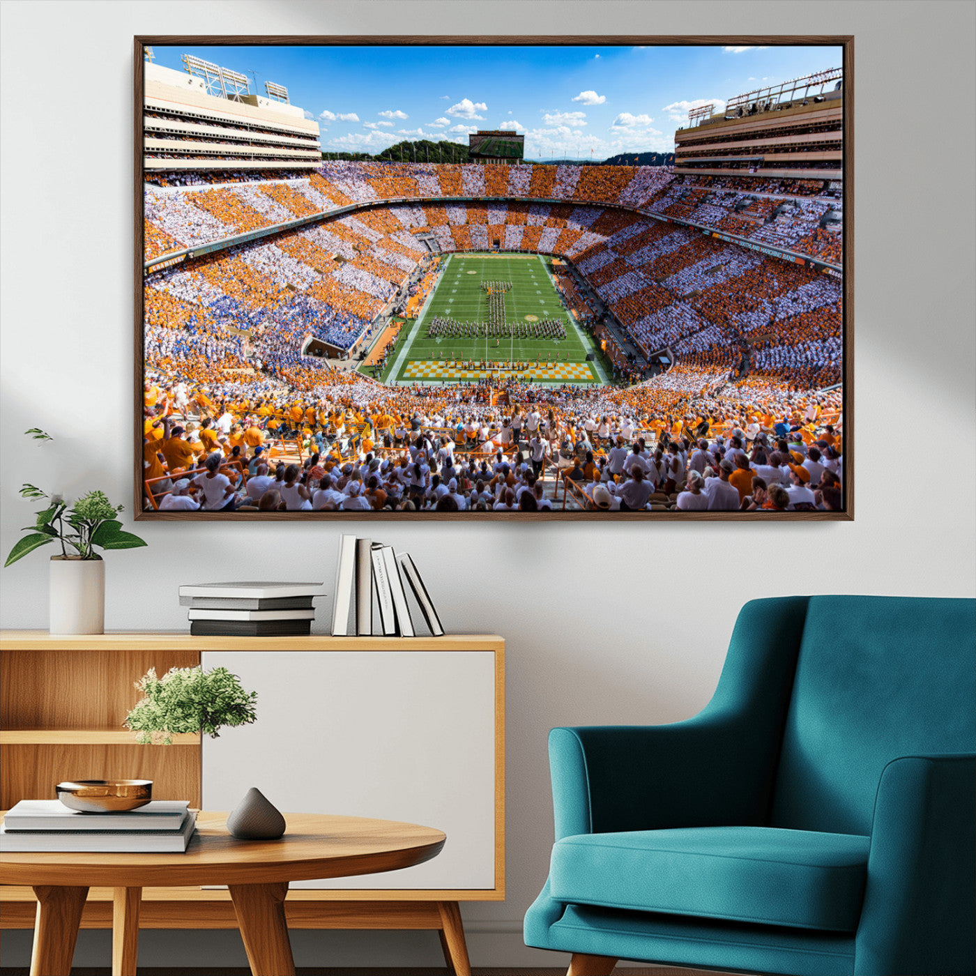 64238859-MGV-CV-36X24-Neyland Stadium Wall Art – Panoramic Tennessee Volunteers Power T Checkerboard Crowd Canvas Print, Day Game Football Band Sports