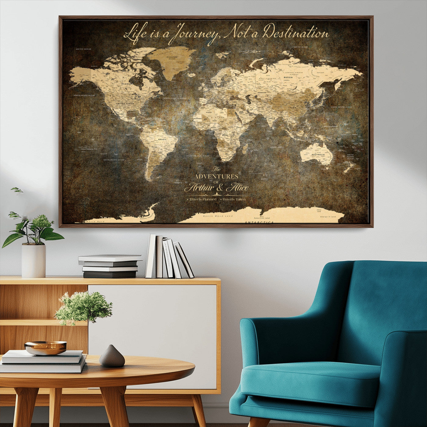 13394308-MGV-CV-36X24-Personalized World Map Wall Art – Dark Rustic Vintage Adventure Travel Map with Custom Couple Names, Timeless Wall Decor for Home