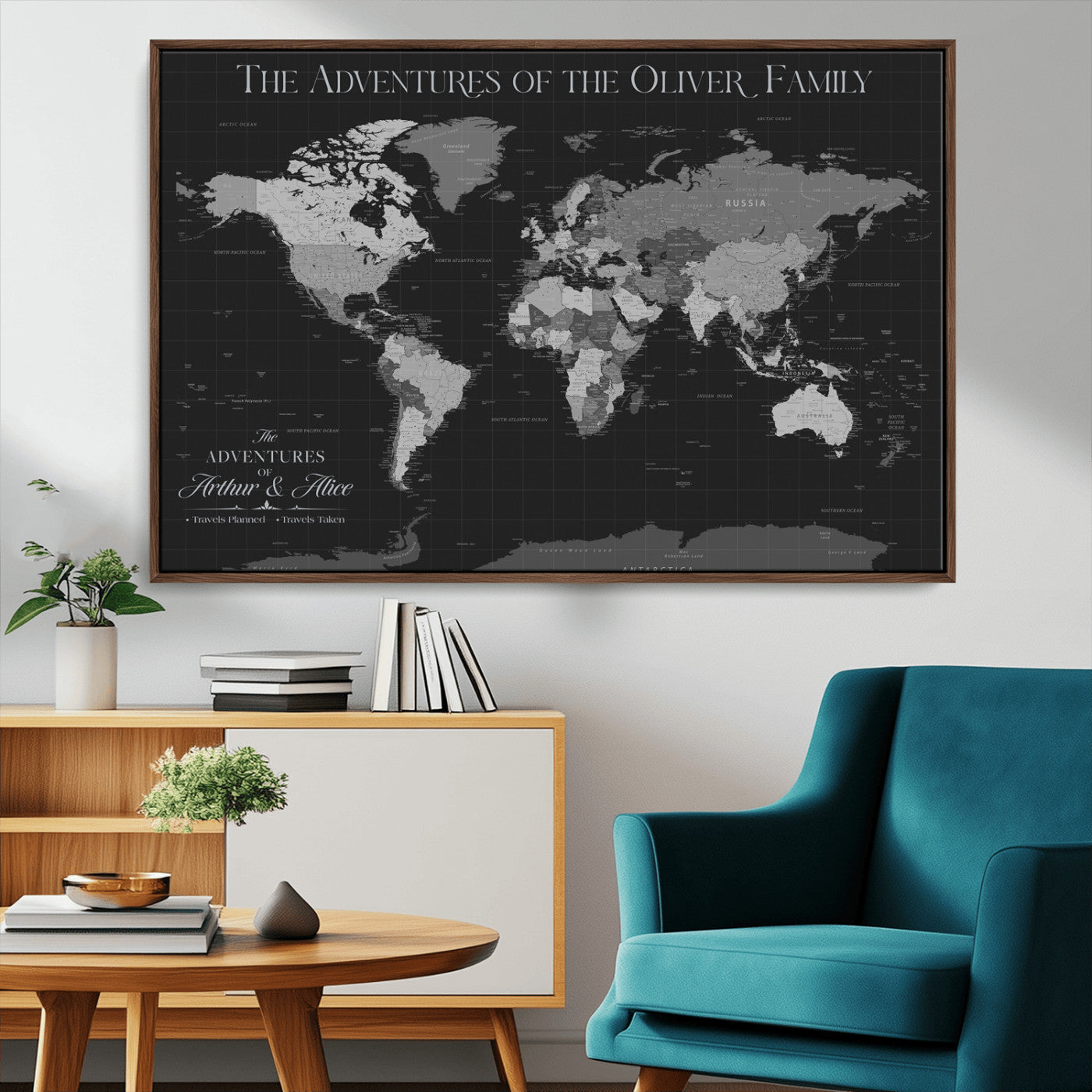 46064114-MGV-CV-36X24-Personalized World Map Wall Art – Black & Grey Adventure Travel Map with Custom Family or Couple Names, Modern Wall Decor for Home