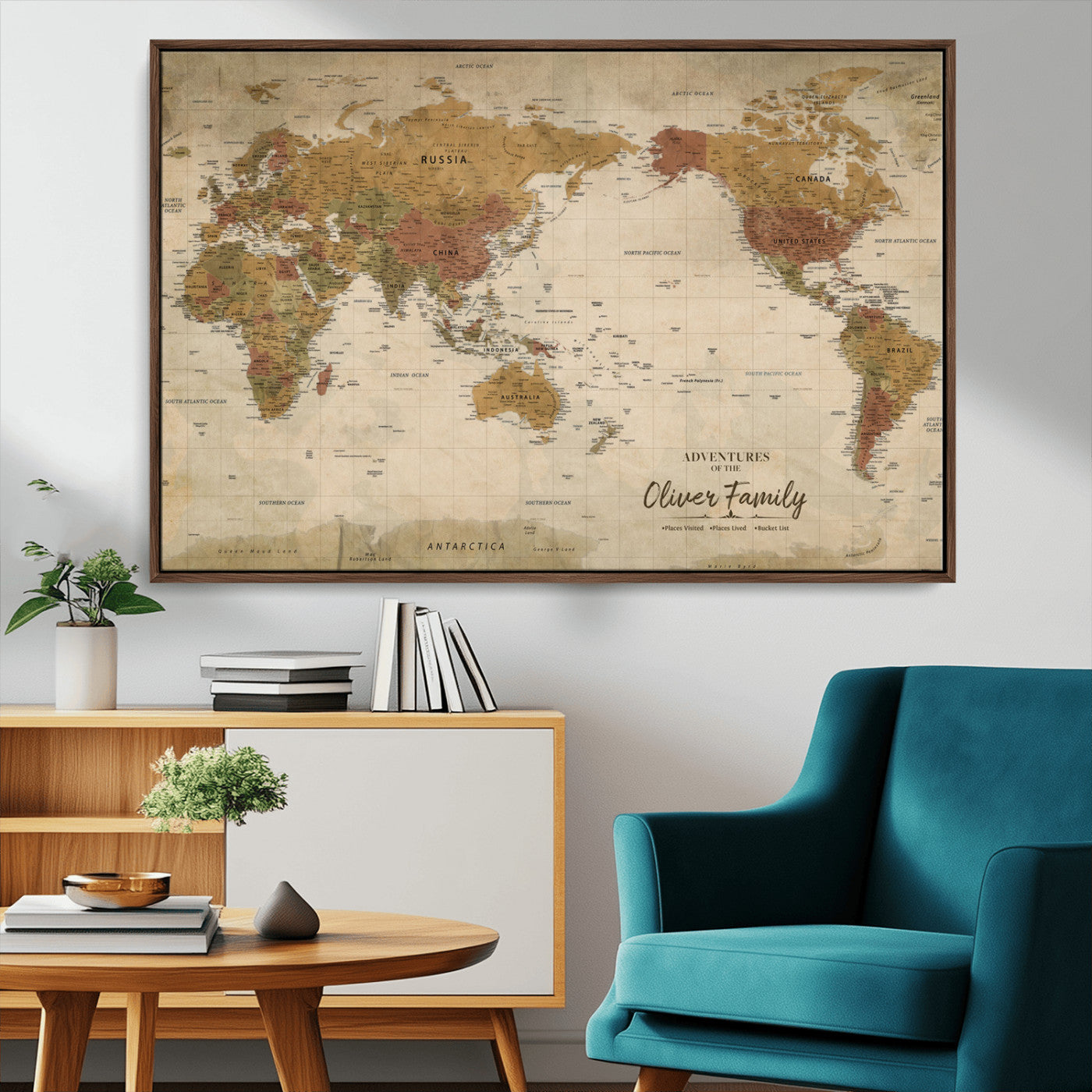 31874045-MGV-CV-36X24-Personalized World Map Wall Art – Vintage Earth Tone Adventure Map with Custom Family Names, Rustic Travel Decor for Home, Couples