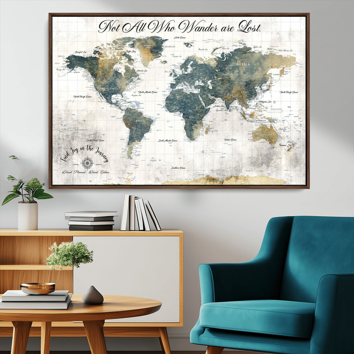 16233493-MGV-CV-36X24-Personalized World Map Wall Art – Rustic Blue Green Wanderlust Travel Map with Custom Couple Names, Vintage Wall Decor for Home