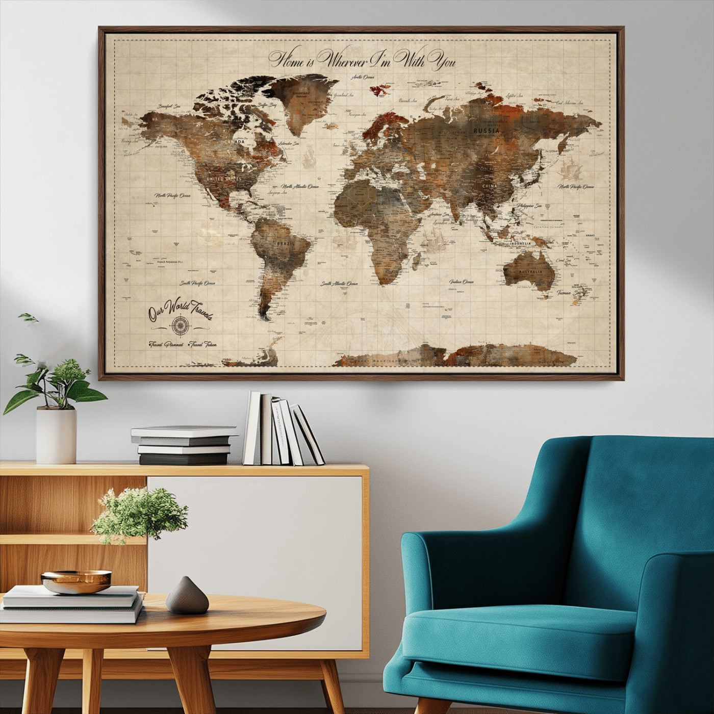 48225643-MGV-CV-36X24-Personalized World Map Wall Art – Rustic Vintage Adventure Travel Map with Custom Couple Names, Romantic Wall Decor for Home or