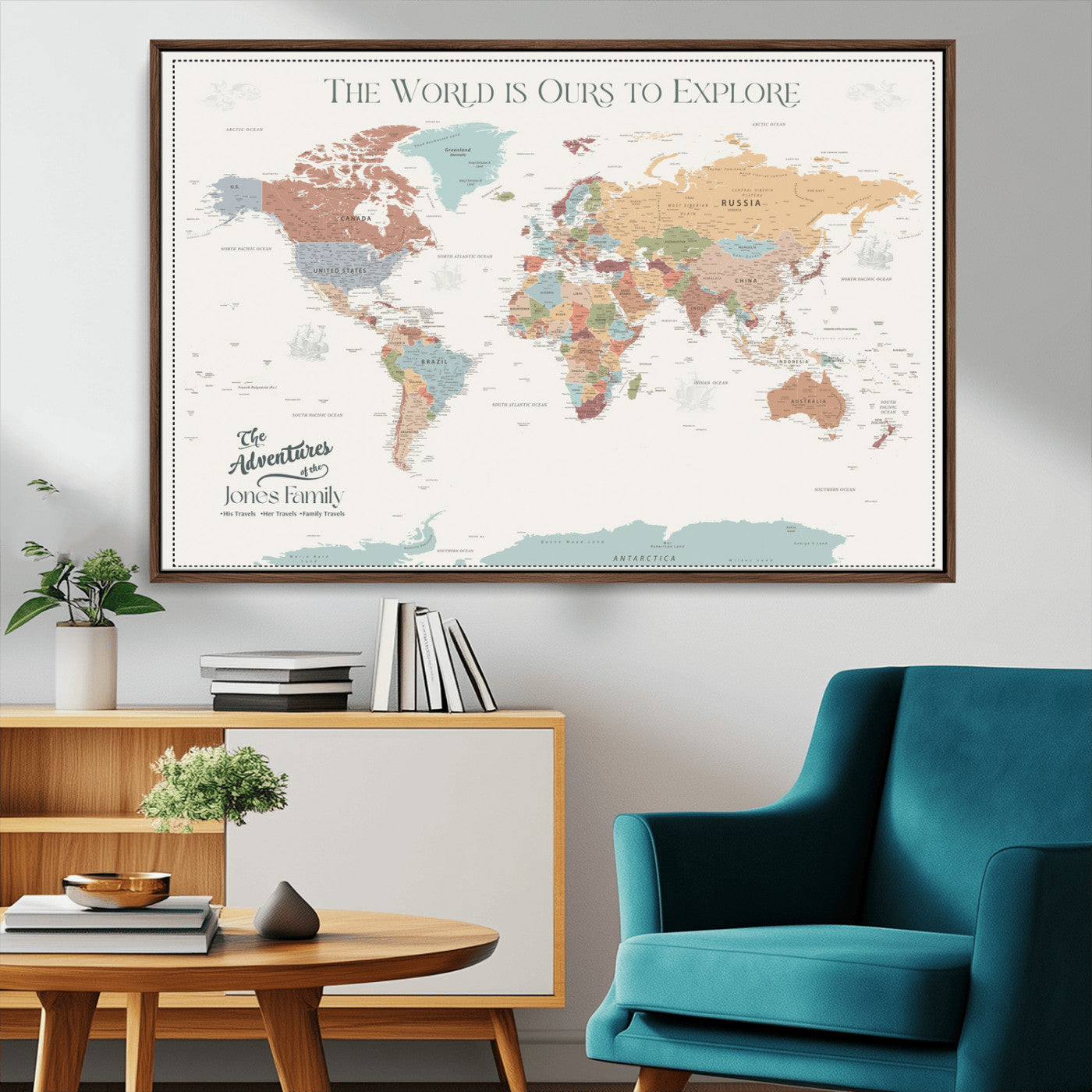 69180591-MGV-CV-36X24-Personalized World Map Wall Art – Rustic Vintage Adventure Travel Map with Custom Family Names, Unique Wall Decor for Couples,