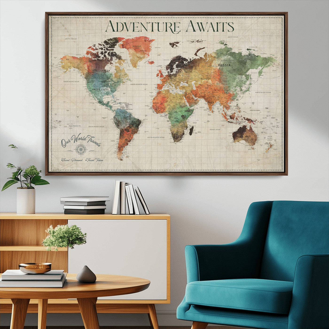 24737989-MGV-CV-36X24-Personalized World Map Wall Art – Colorful Vintage Adventure Travel Map with Custom Names, Unique Wall Decor for Couples,