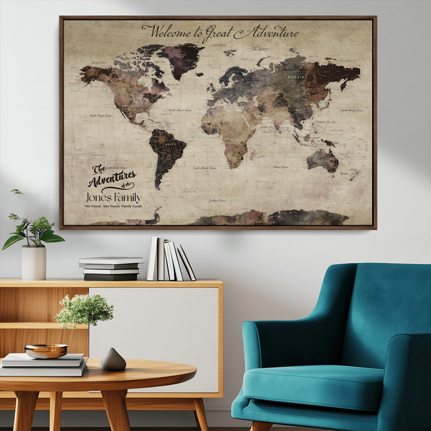 78610079-MGV-CV-36X24-Personalized World Map Wall Art – Vintage Rustic Travel Map with Custom Family Name, Adventure Wall Decor for Home, Family Gift or