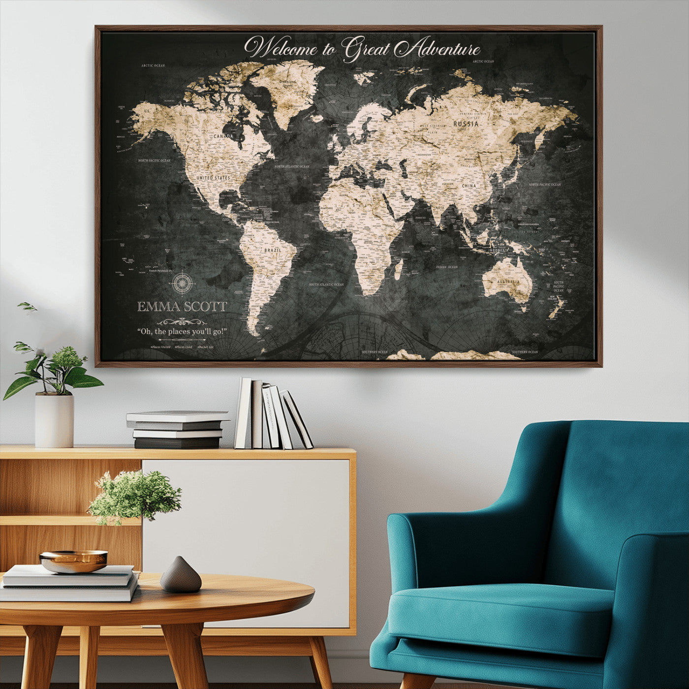 70534097-MGV-CV-36X24-Personalized World Map Wall Art – Dark Vintage Adventure Style Travel Map with Custom Names, Unique Wall Decor for Couples, Home