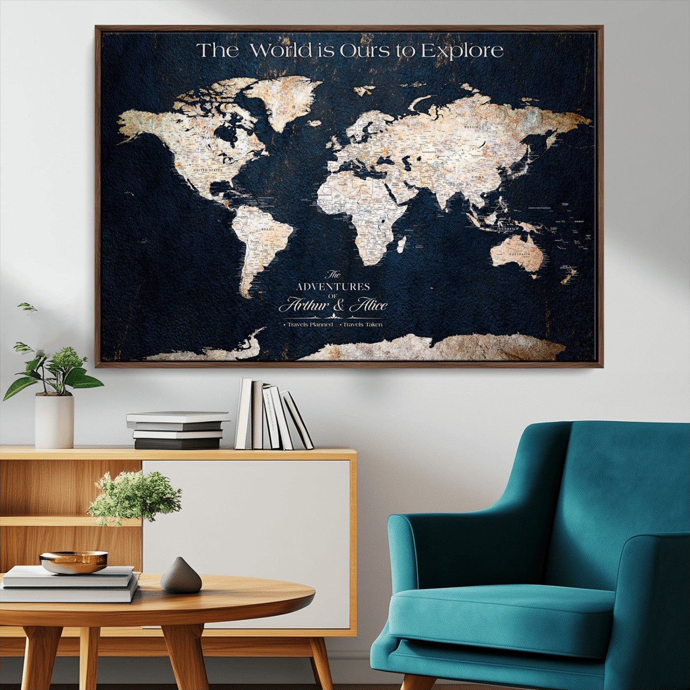 13231361-MGV-CV-36X24-Personalized World Map Wall Art – Navy Blue Vintage Adventure Travel Map with Custom Names, Elegant Push Pin Canvas for Couples