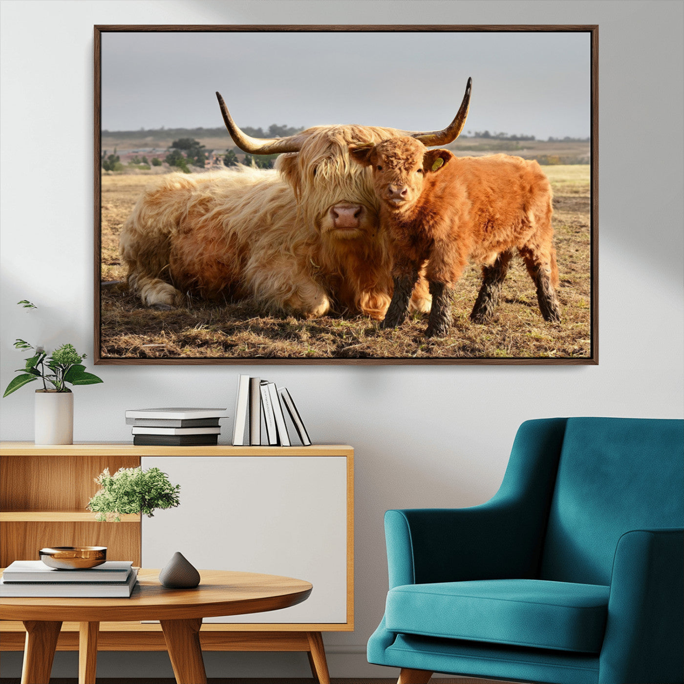 88780-MGV-CV-36X24-Highland Cow Wall Art Canvas Print, Framed Cow Calf Art Picture Print, Scottish Cattle Perfect Rustic Farmhouse Decor Artwork