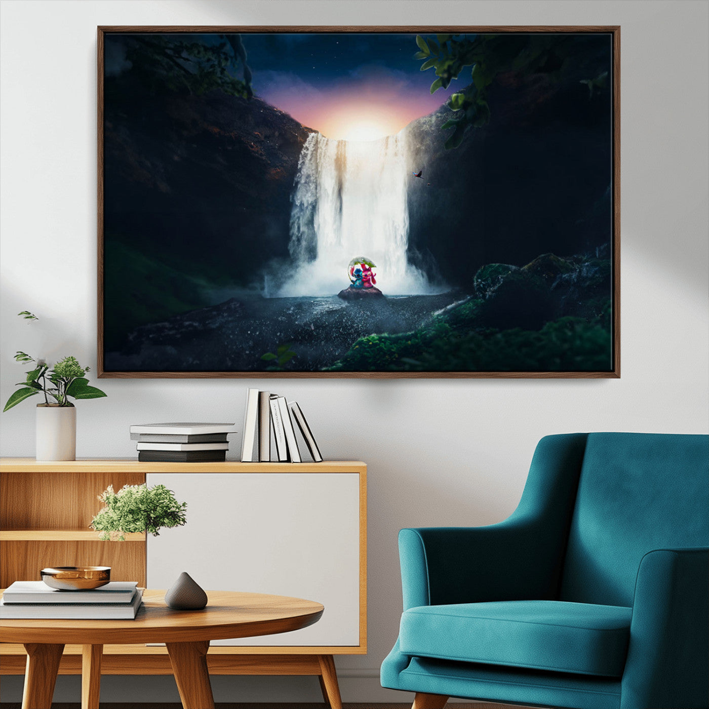56359-MGV-CV-36X24-Lilo Stitch Wall Art Canvas Print, Framed Stitch Angel Art Picture Print, Cartoon Waterfall Perfect Tropical Fantasy Decor Artwork