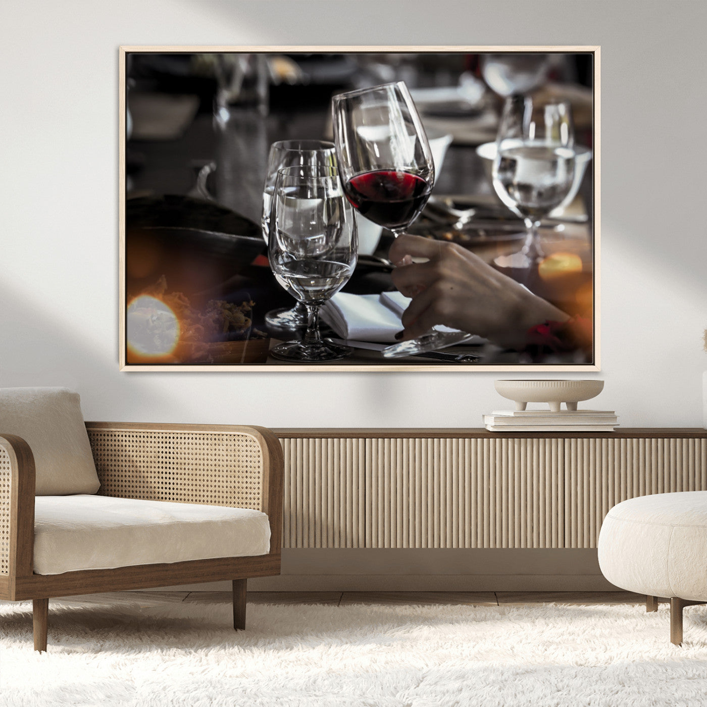 75513-MGV-CV-36X24-Elegant Wine Toast Wall Art – Close-Up Red Wine Glass at Dinner Table Canvas Print, Sophisticated Dining Room or Bar Decor
